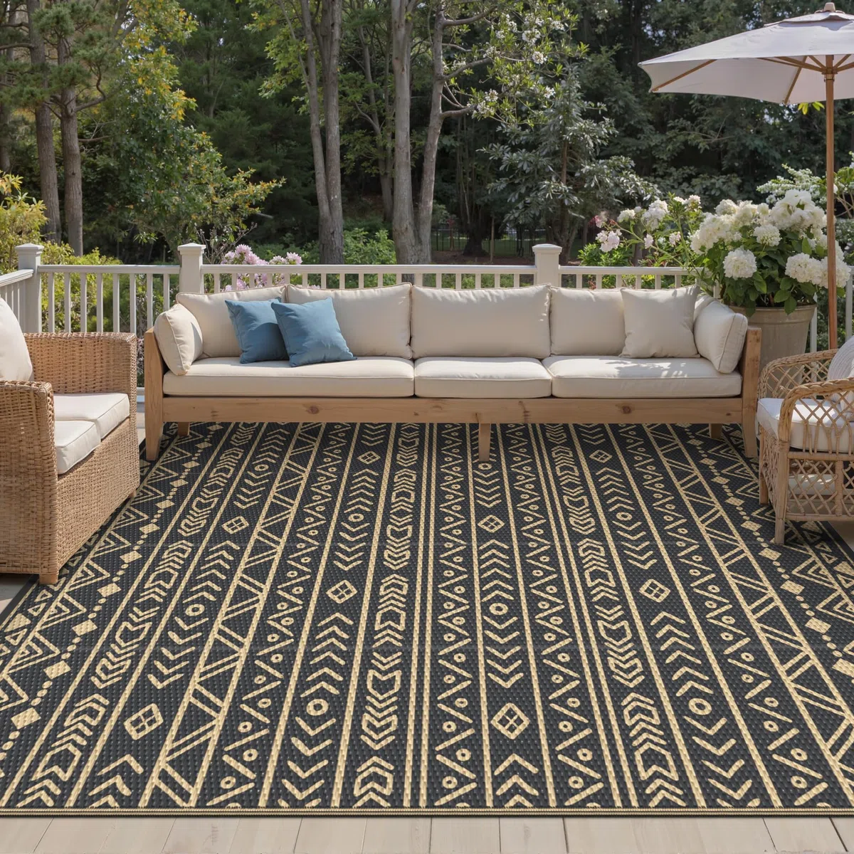 Genimo Tappeto da Esterno Impermeabile Eeversibile Lavabile Plastica, Terrazza, Giardino, Camper, Picnic, Balcone, Boho Nero Marrone, 275x365 cm