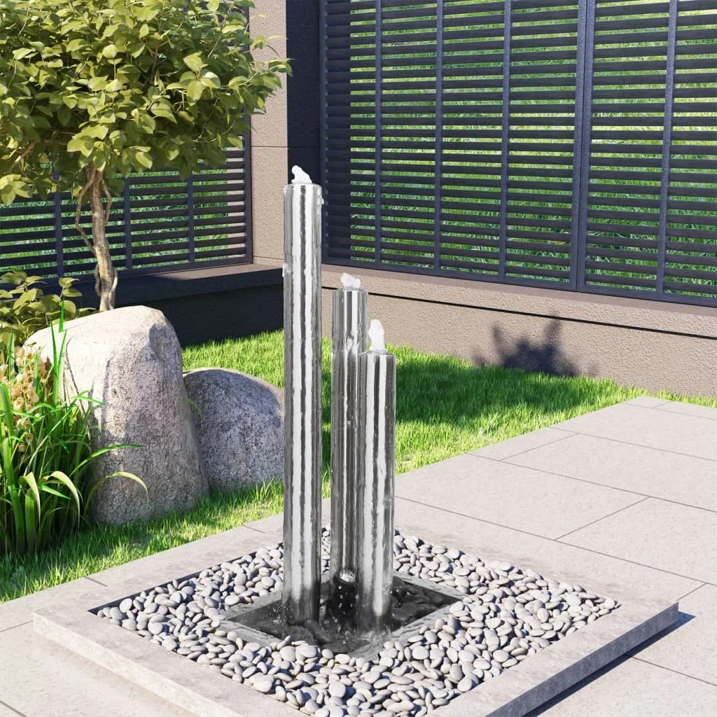 Mangloder Fontana da giardino argentata in acciaio inox, 48 x 34 x 88 cm, con illuminazione a LED, pompa e vasca da 50 l, gioco d'acqua con cascata, per giardino, terrazza, balcone, interni ed esterni