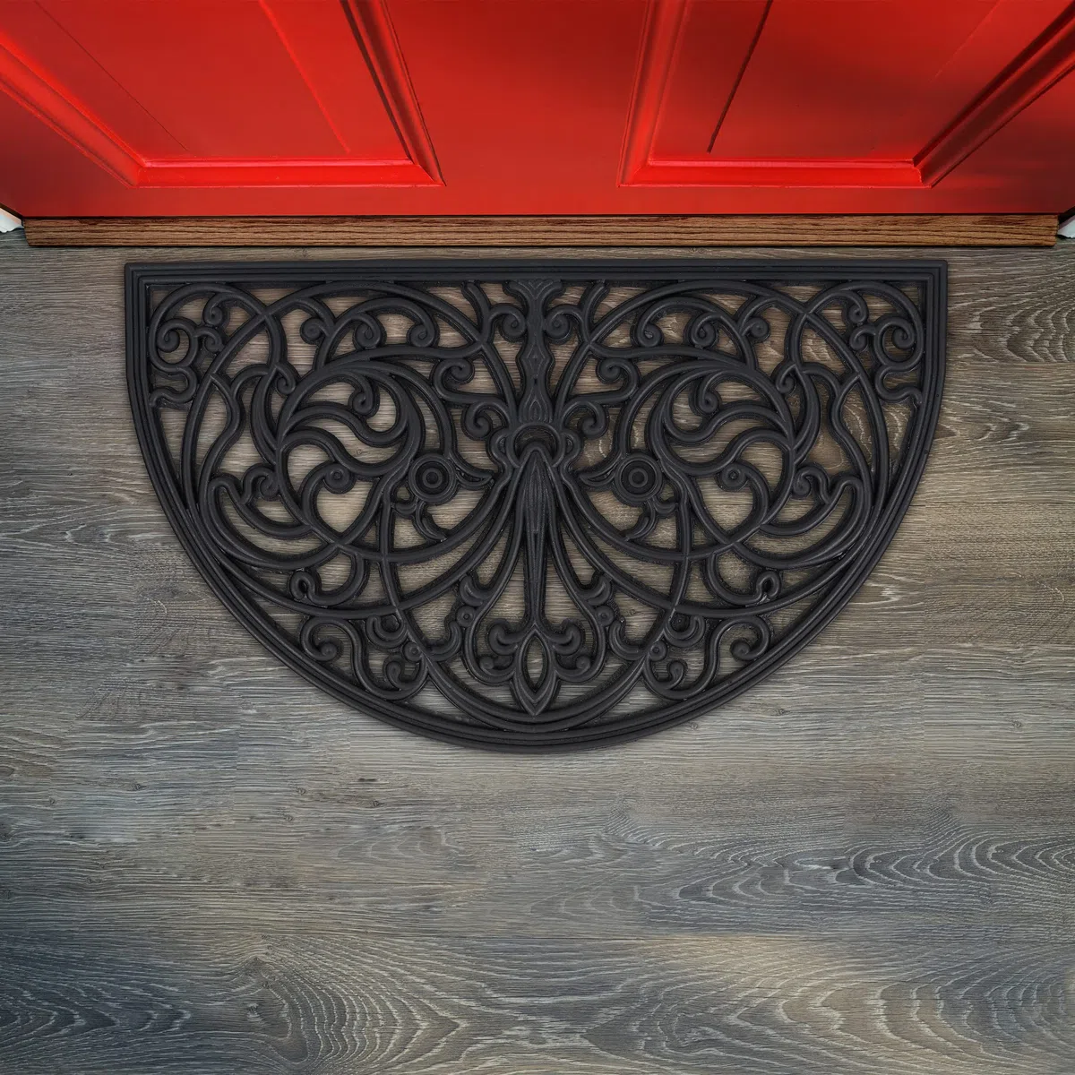 Relaxdays Zerbino con Motivo Ornamentale, 75x45 cm, Tappetino Semicerchio, in Gomma Antiscivolo, Indoor & Outdoor, Nero
