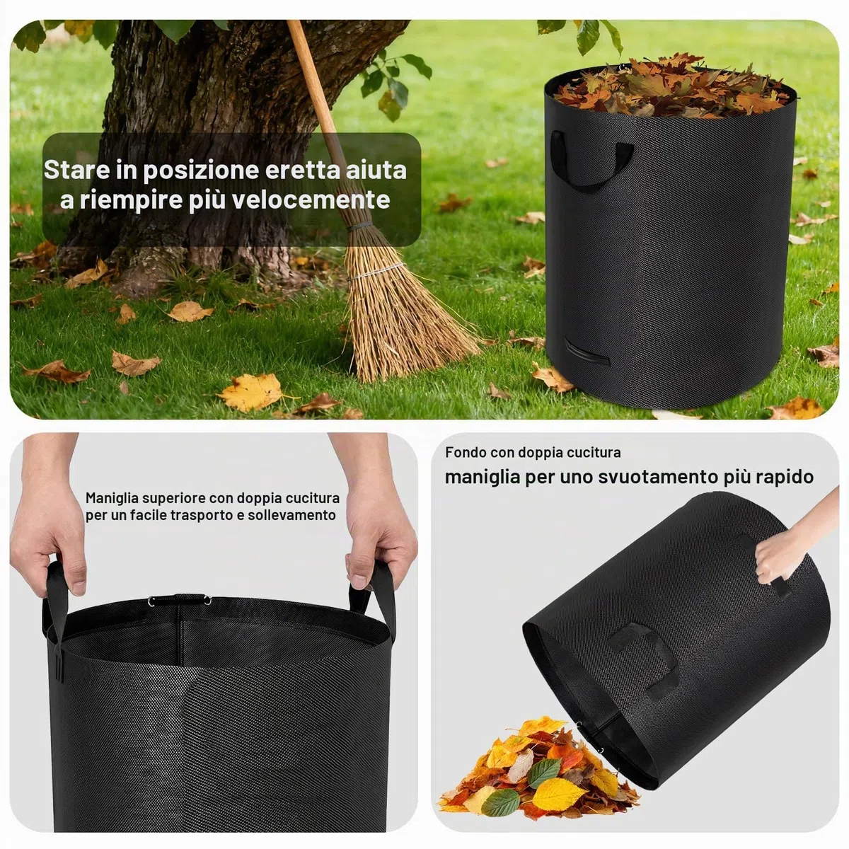 Sacchi per Rifiuti da Giardino Resistenti, 272L x 4Pacchi Sacchi da Giardino Riutilizzabili con Maniglie,incl Guanti, Antistrappo, Idrorepellente, Riutilizzabile, Pieghevole