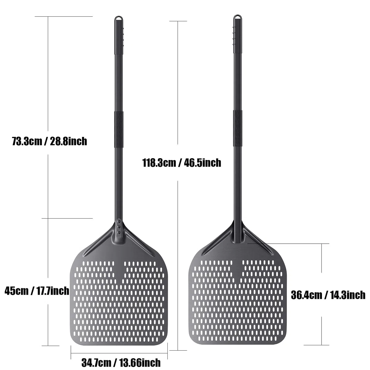 Pala per pizza, 34,7 x 118 cm, perforata in alluminio anodizzato duro, per una facile scorrevolezza su pietra per pizza, rettangolare, grande superficie e manico rimovibile per barbecue, forno