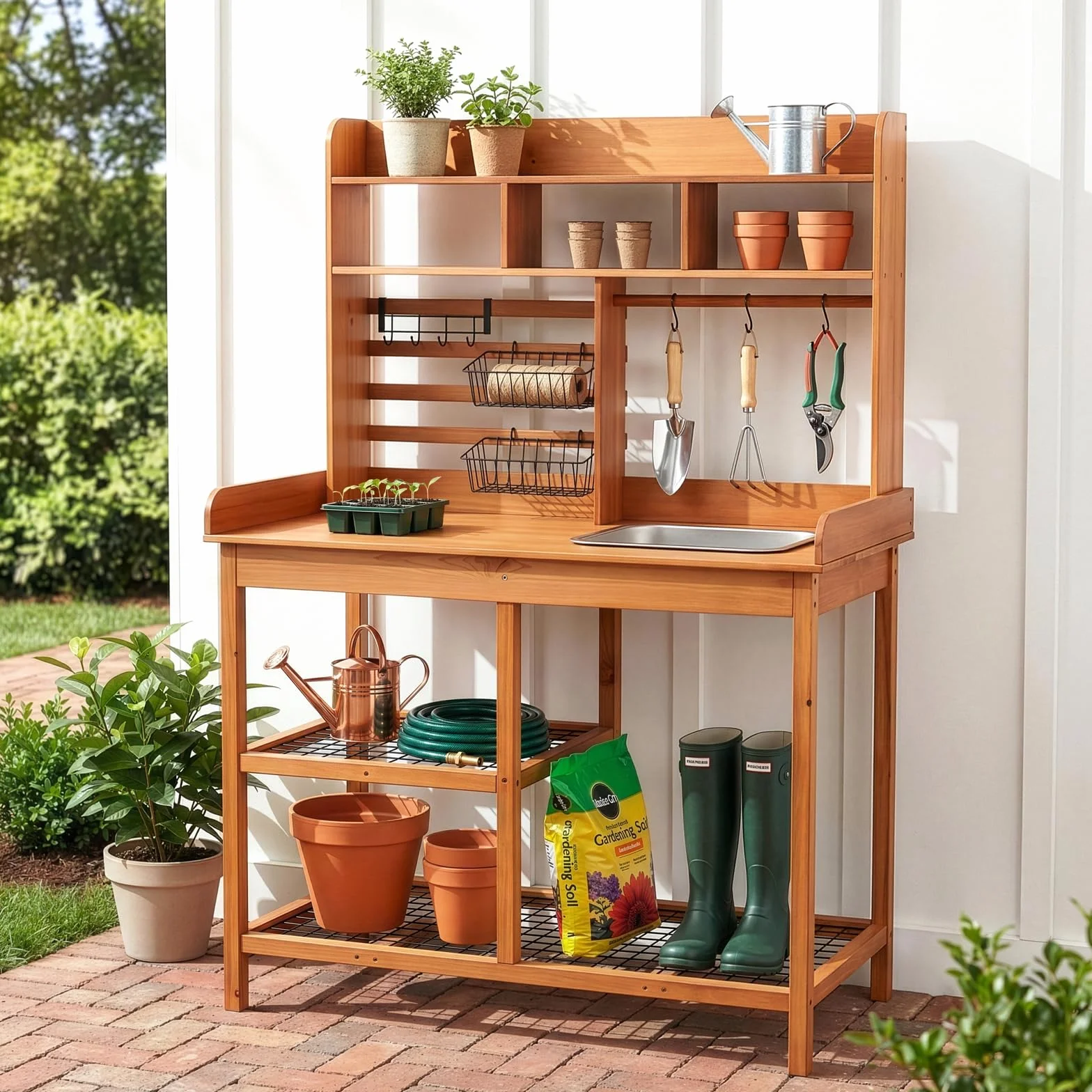 OOOK Panca da vaso, tavolo da vaso in pino scozzese nordico con piano scorrevole, lavello rimovibile, postazione di lavoro per esterni, patio, prato, postazione di lavoro da giardino in legno