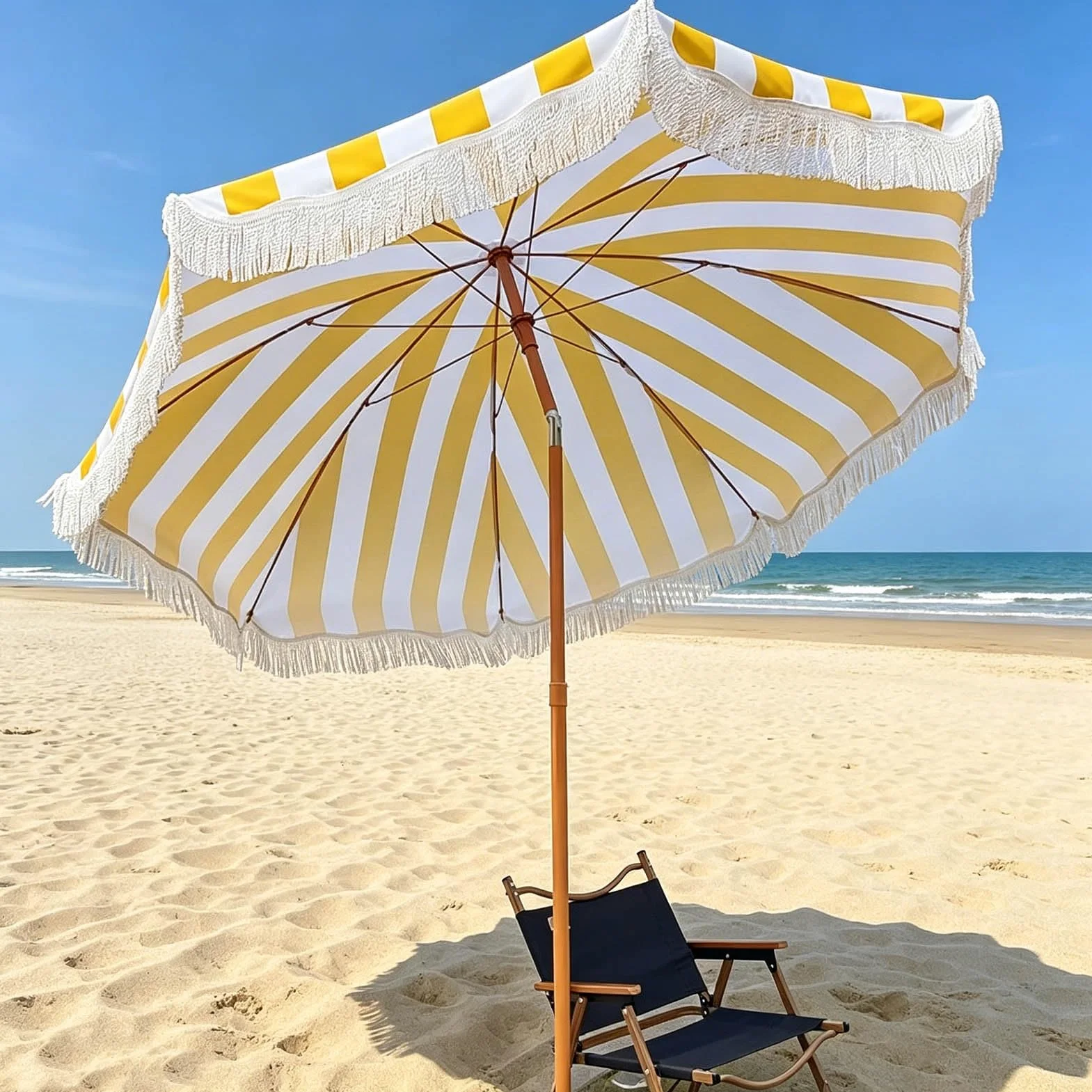 Ombrellone da Spiaggia con Frange da 200 cm, Strisce Gialle e Bianche, Inclinabile, per Piscina, Prato, Giardino e Terrazza, UPF 50+