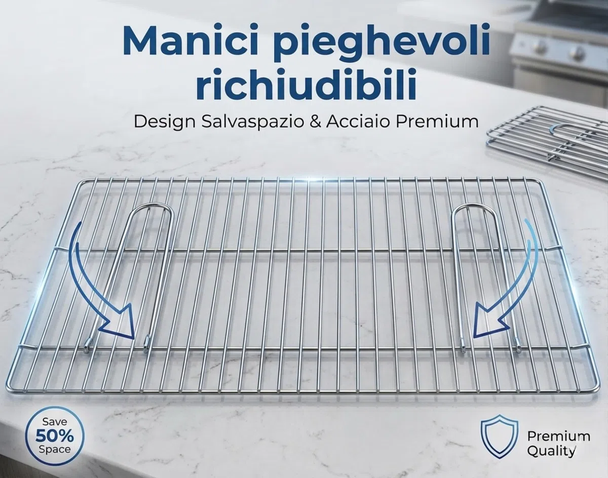 Griglia per Barbecue 67 X 40 CM In Acciao Cromato Con Manici a Tondino Richiudibili Regolabile per Barbecue a Muratura e Portatili