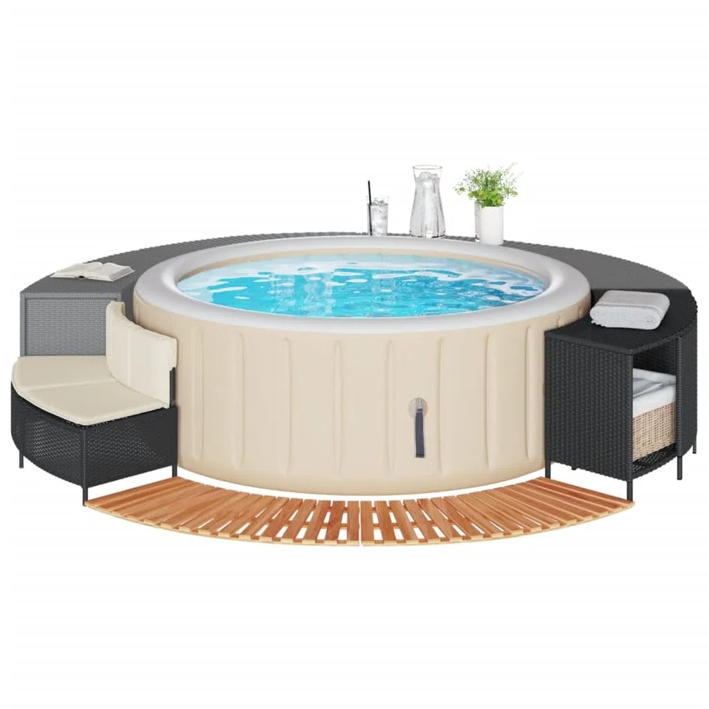 Bordo per Spa Nero in Polyrattan e Legno Massello di Acacia-365614