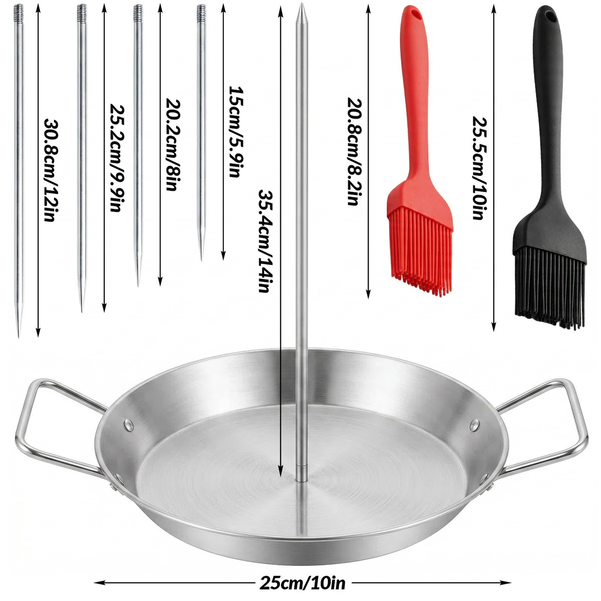 Supporto Verticale per Kebab in Acciaio Inox, Spiedo Verticale Acciaio con 5 Spiedi Rimovibili e 2 Pennelli Silicone, Teglia da 25 cm per Shawarma, Gyros, Pollo Arrosto, Carne, Forno e Barbecue