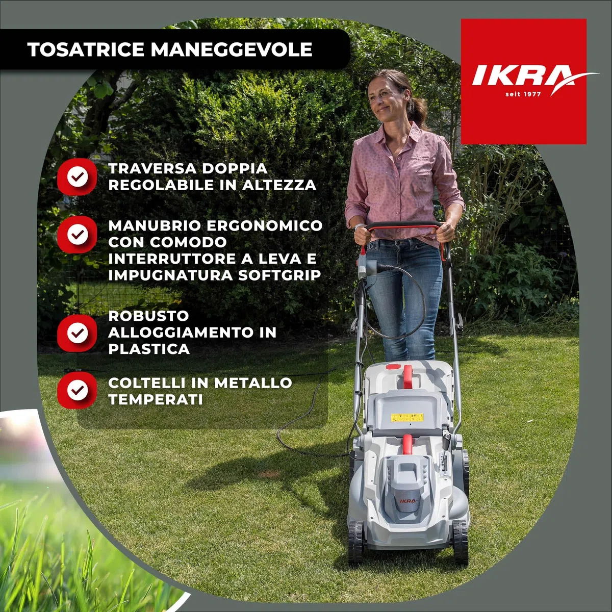 IKRA tosaerba elettrico IERM 1638-1, 1600 W, larghezza di taglio 38 cm | Altezza di taglio su 5 posizioni (30-75mm), manico regolabile in altezza, sacco 42l, kit mulching, lama in metallo temprato