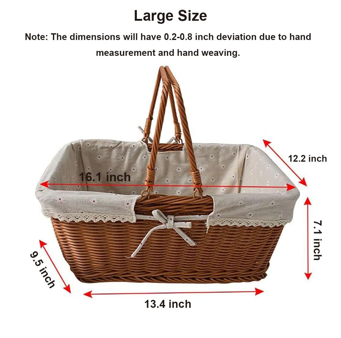 RT&BS Grande Cestino da Picnic in Vimini con Fodera, Cesto Della Spesa in Vimini con Manici, Cestini Pasquali, Cesti Riutilizzabili Intrecciati a Mano per Picnic, Spesa, Conservazione, Raccolta (G)