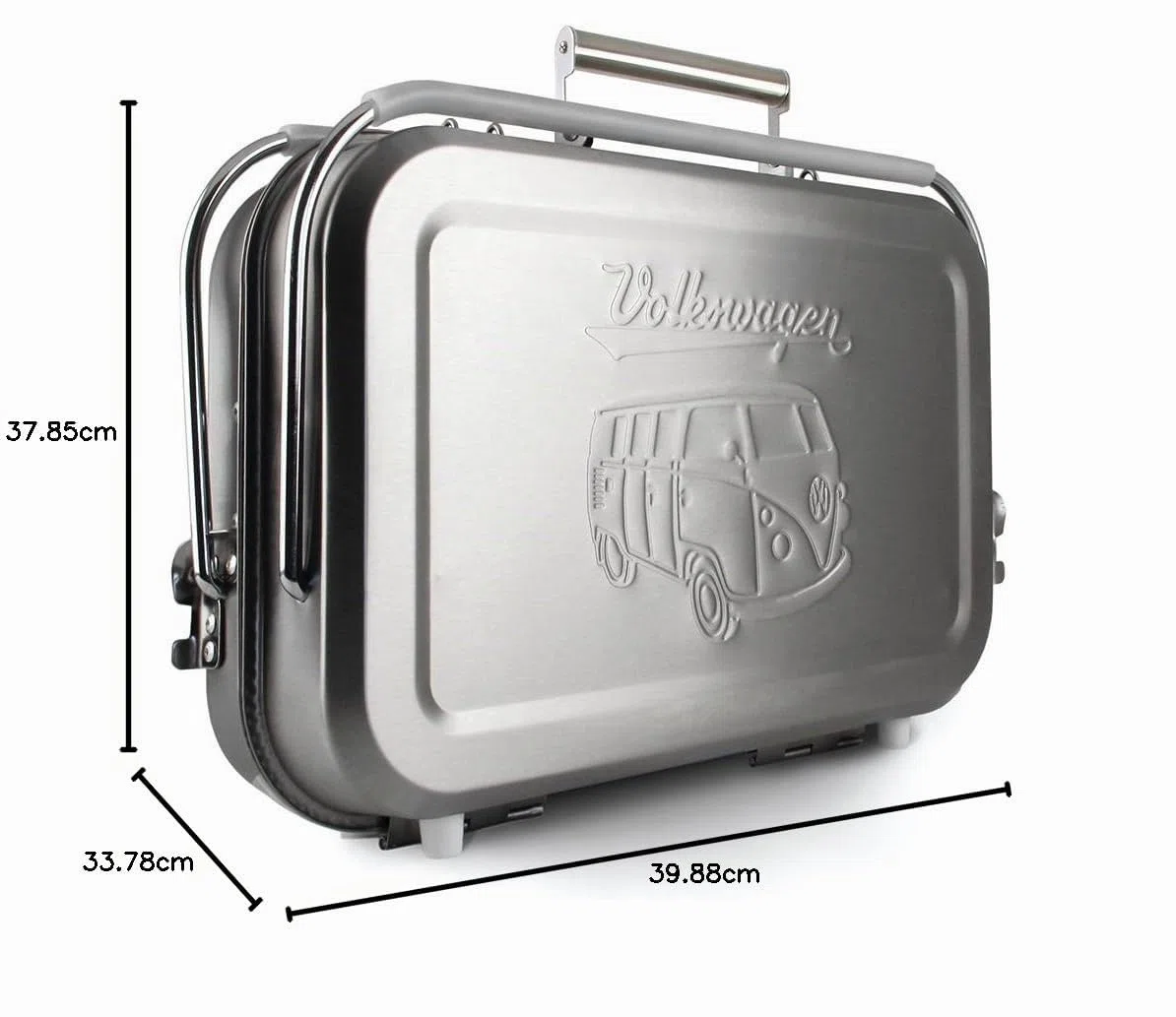 BRISA VW Collection - Volkswagen Barbecue portatile a valigia con griglia, vaschetta di raccolta della carbonella e maniglia di trasporto in acciaio inox Campervan T1 Bus design (Silhouette/Argento)