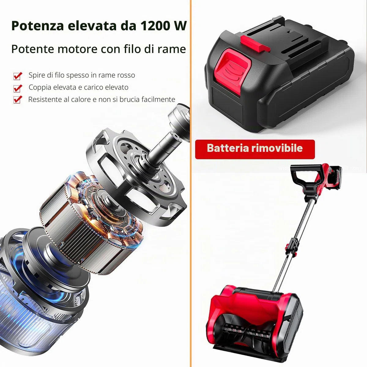 Pala da Neve elettrica, Pala da Neve Leggera e Staccabile per vialetto, Distanza di Lancio 26 Piedi, Pala spazzaneve per vialetto, Batteria da 4,0 Ah + caricabatteria