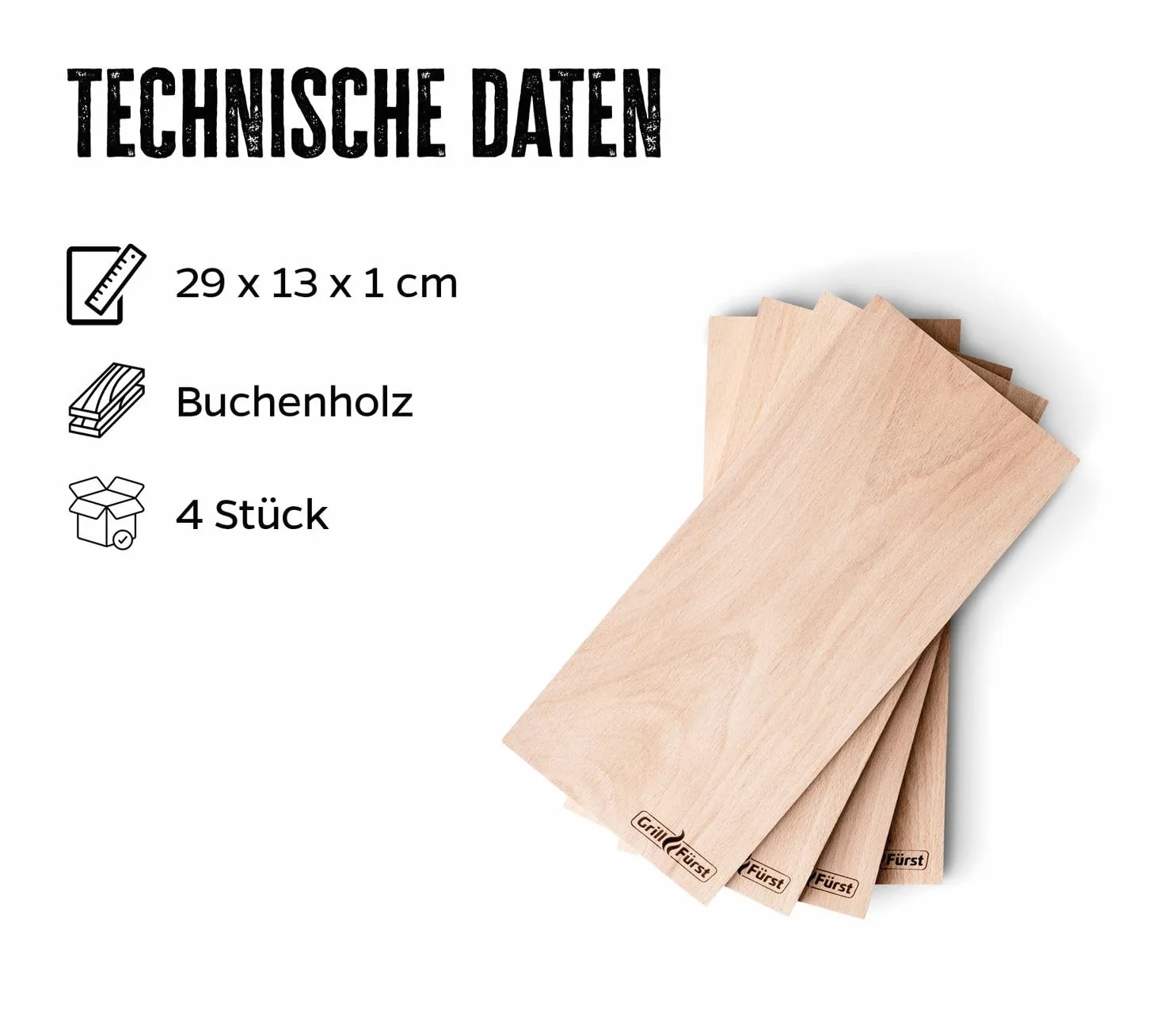 Grill Fürst Bastoncini di Assi in Legno di faggio 29 x 13 x 1 cm - Tavole di incenso in Legno per Un Gusto Speciale alla griglia - Tavola Legno per Affumicare Carne Pesce Verdura - Set di 4