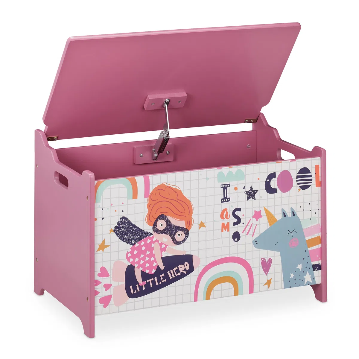 Relaxdays Cassapanca Organizer, Portagiochi per la Cameretta, Design Super Girl, MDF, HxLxP: 39x60x36,5 cm, Rosa/Bianco