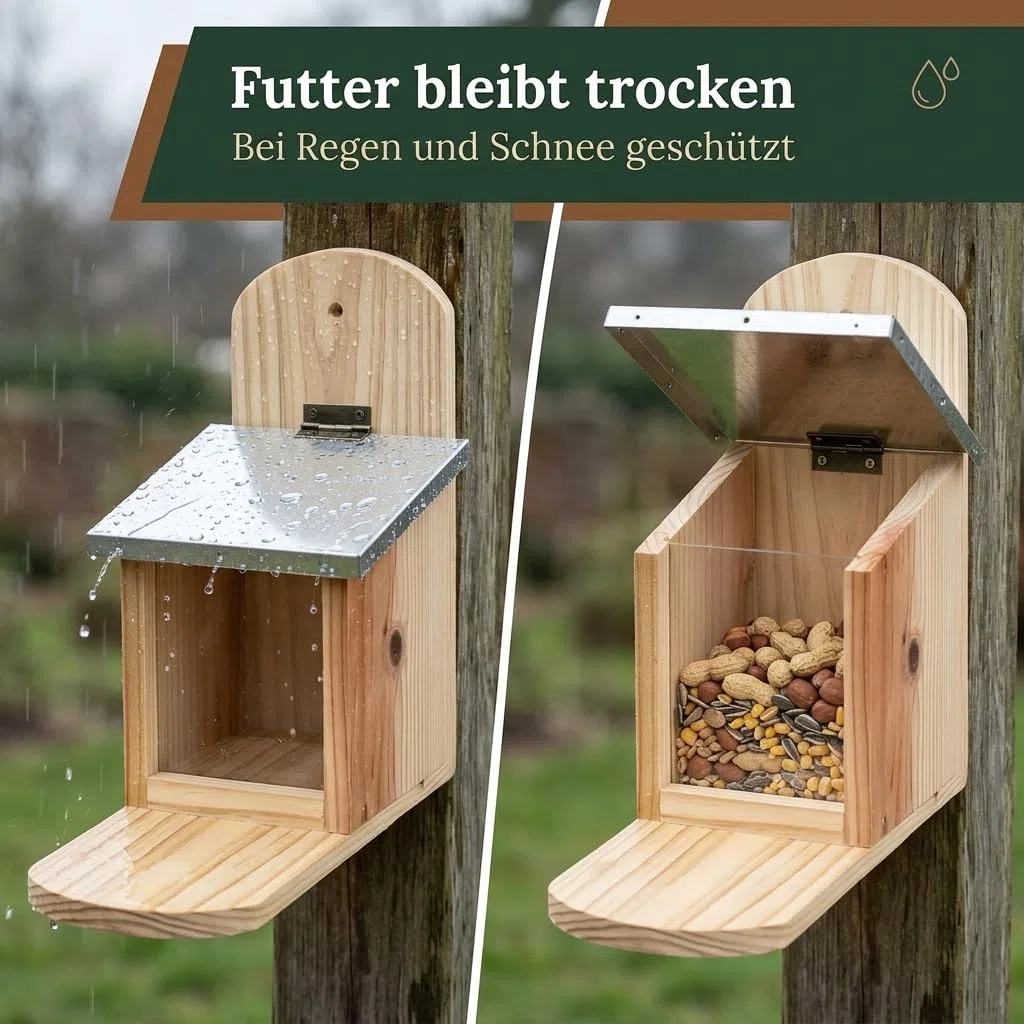 MIJOMA Mangiatoia per scoiattolo in legno di abete – Resistente alle intemperie con coperchio ribaltabile in metallo – Ciotola in legno – Dimensioni circa 12 x 25 x 28 cm – Casa per scoiattoli per