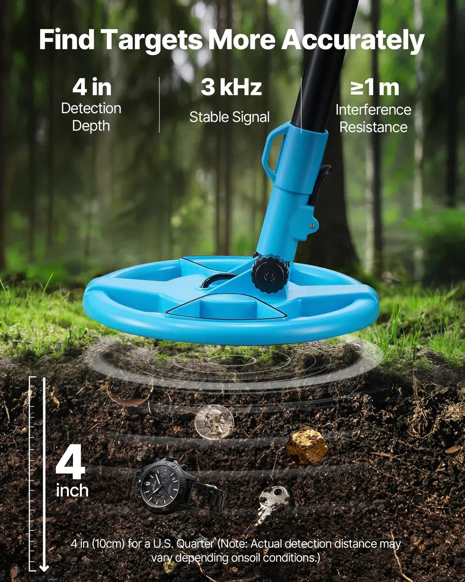 VEVOR Metal Detector per Metalli con Display LCD, Bobina di Ricerca Impermeabile IP68 Profondità di Rilevamento 101,6 mm Frequenza Operativa 3 kHz, Kit Rilevatore d'Oro Metalli da Spiaggia