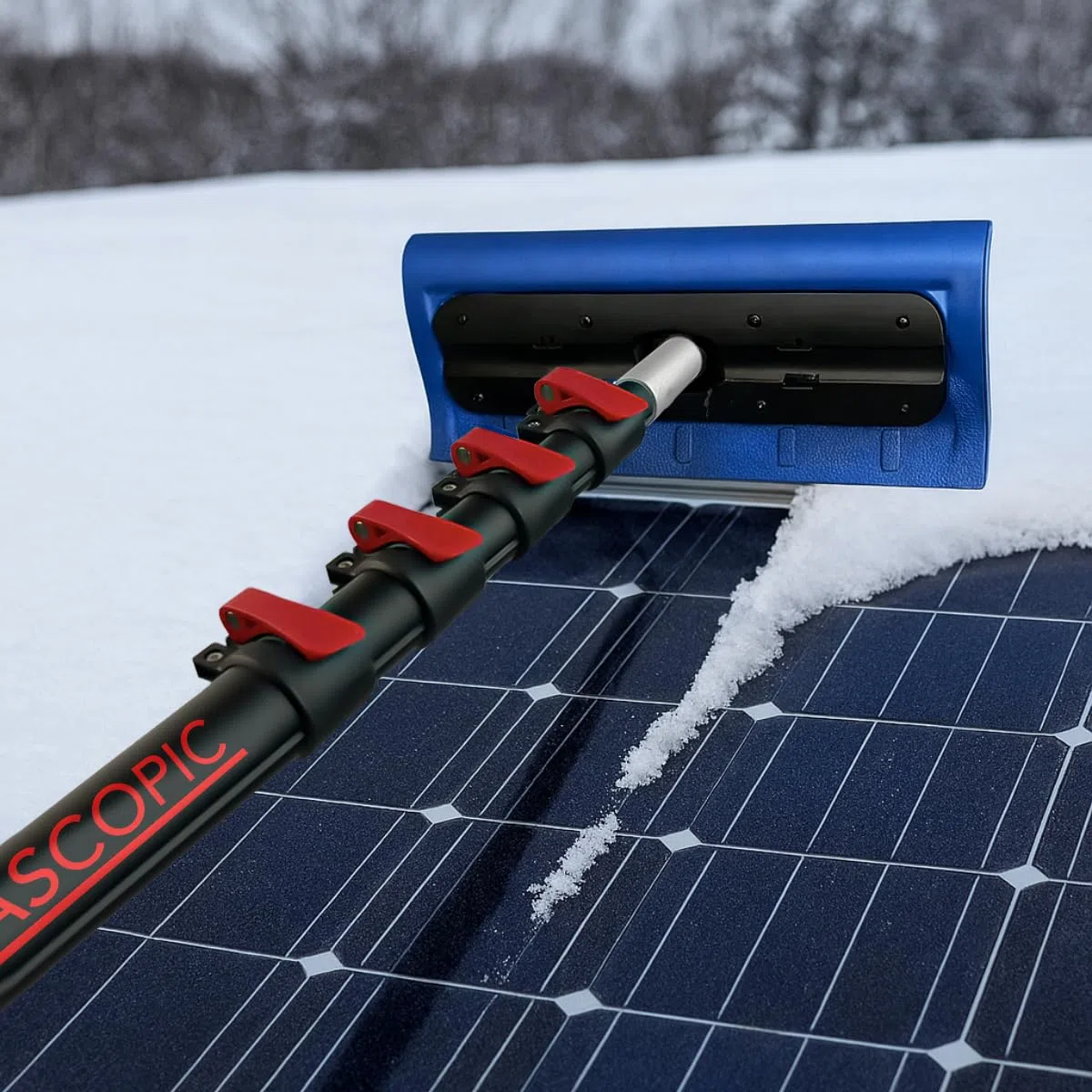 Aquascopic Astina telescopica 9 m con spazzaneve e spazzola a 5 superfici – per rimuovere neve e sporco in sicurezza da impianti solari, finestre, facciate e tetti
