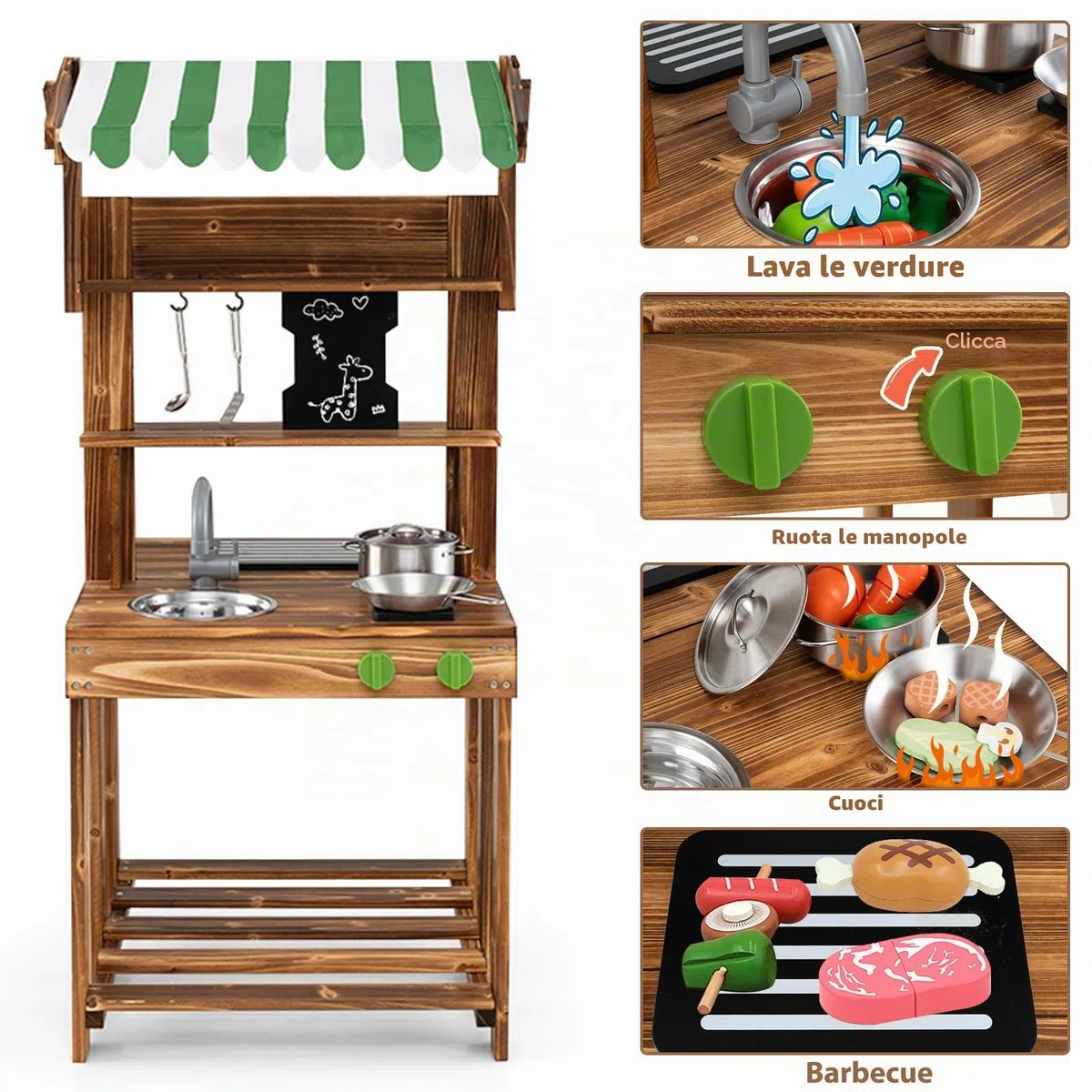 HOMASIS Cucina da Esterno in Legno con Tettoia, Cucina Giocattolo per Bambini a Doppia Faccia con Lavagna, Rubinetto, 4 Utensili e 2 Ganci, Barbecue Giocattolo per Bambini da 3+ Anni, Verde