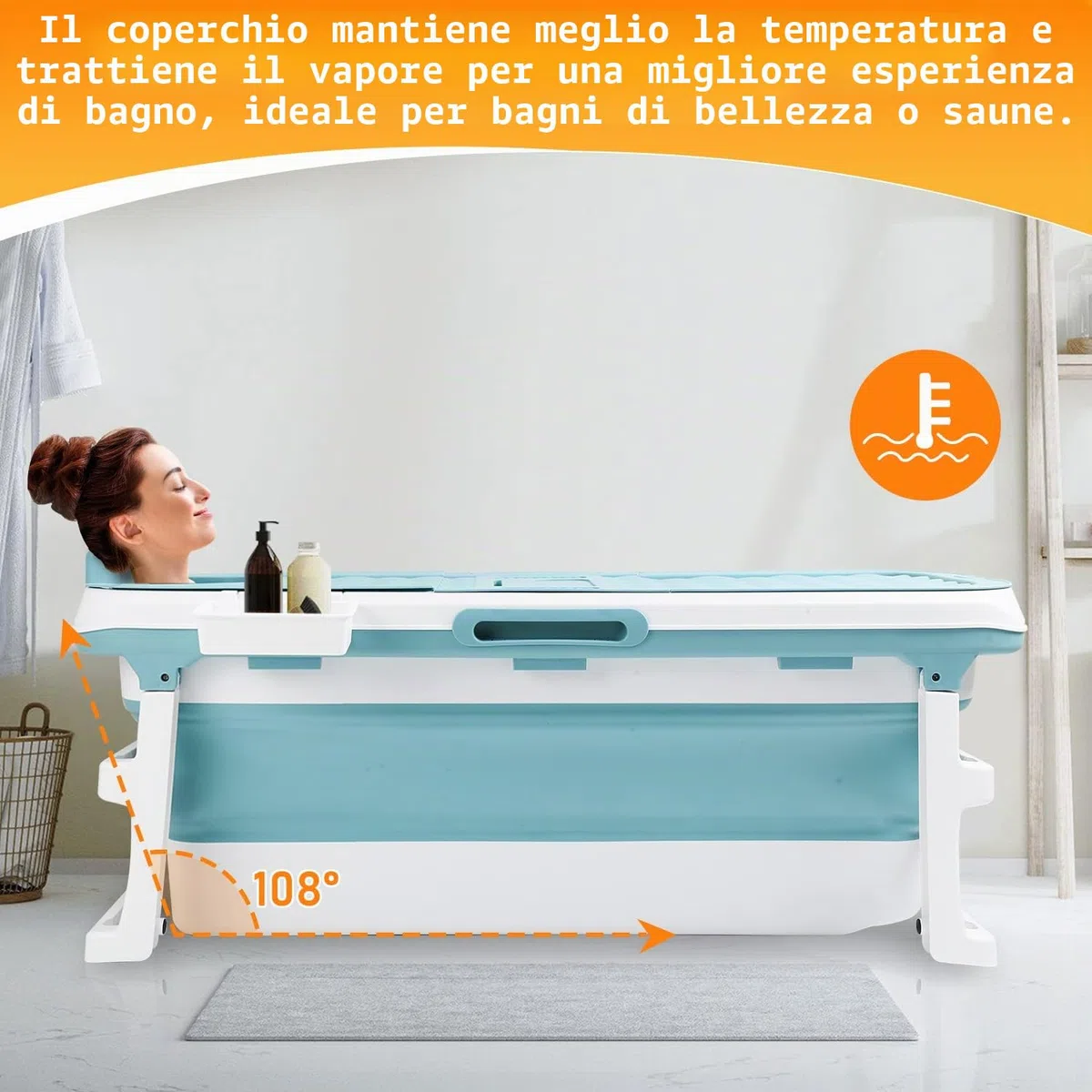 Daromigo Vasca da bagno pieghevole XXL, 149 x 60 x 50 cm, per adulti, portatile, pieghevole, con copertura e rulli massaggianti, per bagno, doccia e balcone