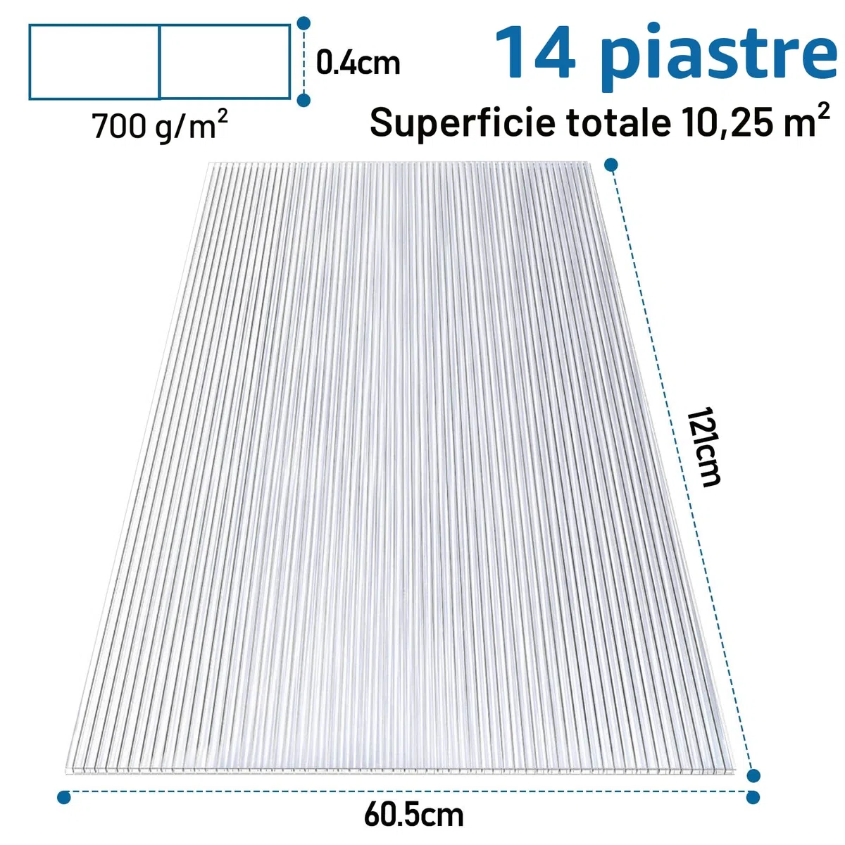 14 lastre alveolari in policarbonato da 4 mm, doppia piastra in policarbonato, 60, 5 x 121 cm, 10, 25 m², resistenti ai raggi UV, per serra, giardino, serra, piastre di ricambio, trasparente