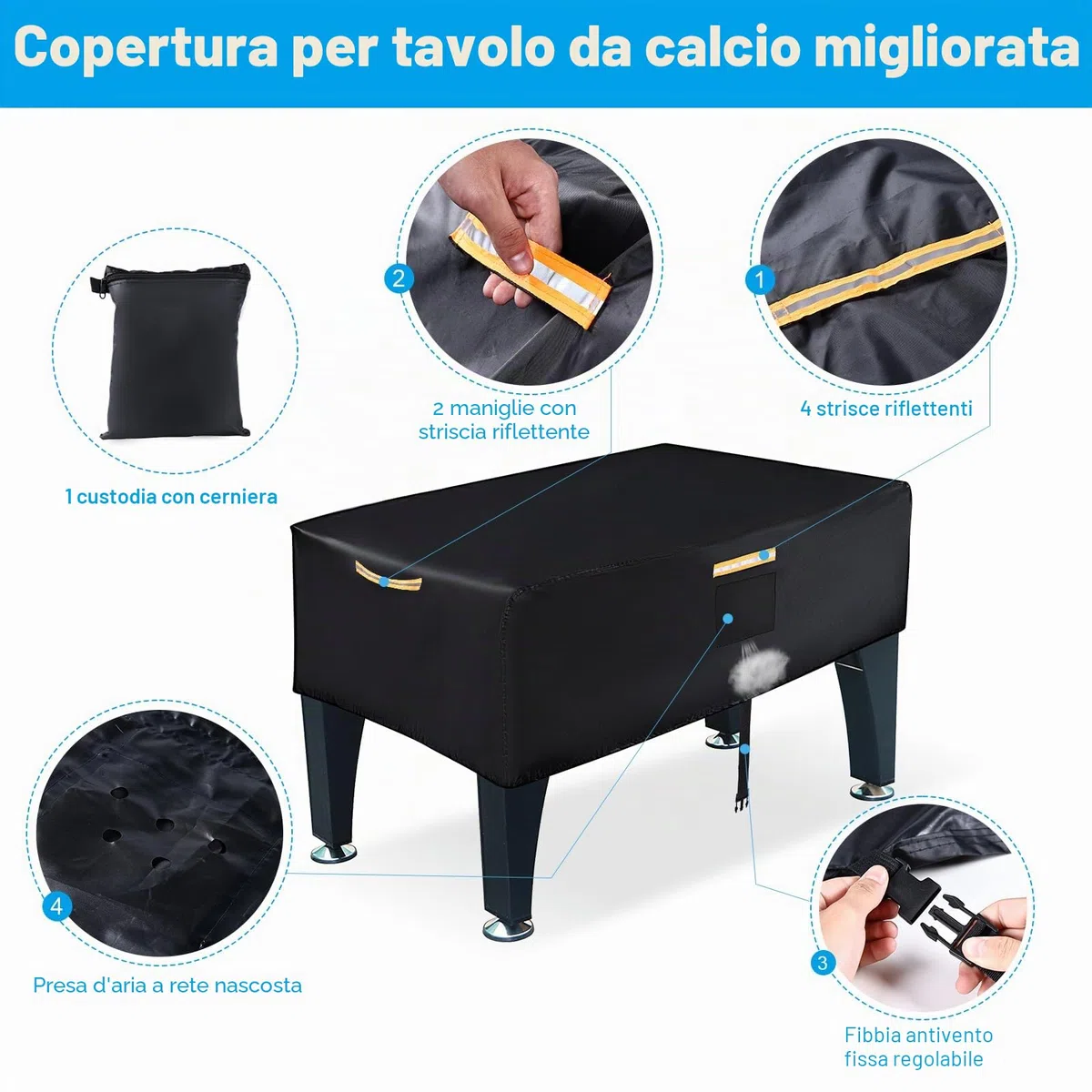 Copertura per tavolo da calcio 420D Oxford, impermeabile, copertura universale da calcio per esterni, con strisce impermeabili, aperture di ventilazione e 4 maniglie a strisce riflettenti