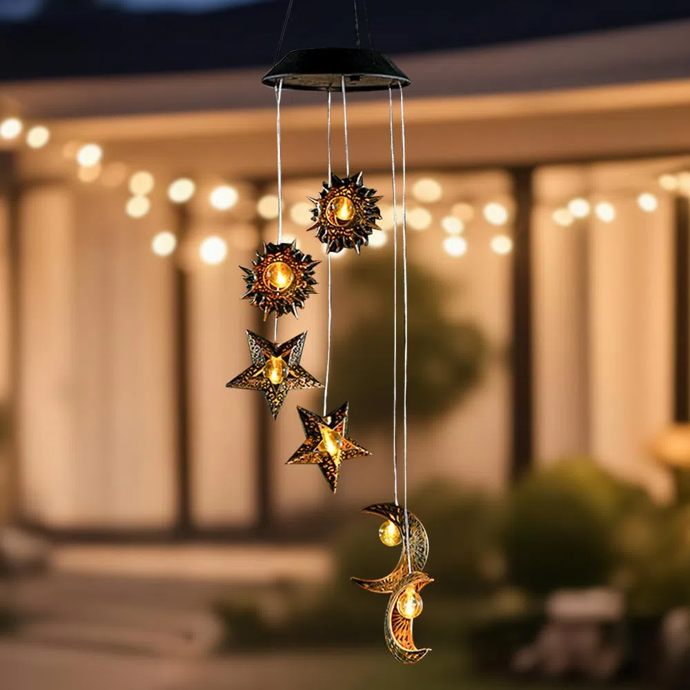 Campane a Vento Solare con Stelle Sole Luna, Campane a Vento Solari Esterno LED, Decorazione da Giardino con Luci Sospese per Cortile, Prato, Sentieri, Balcone, Terrazza, Decorazione per Feste