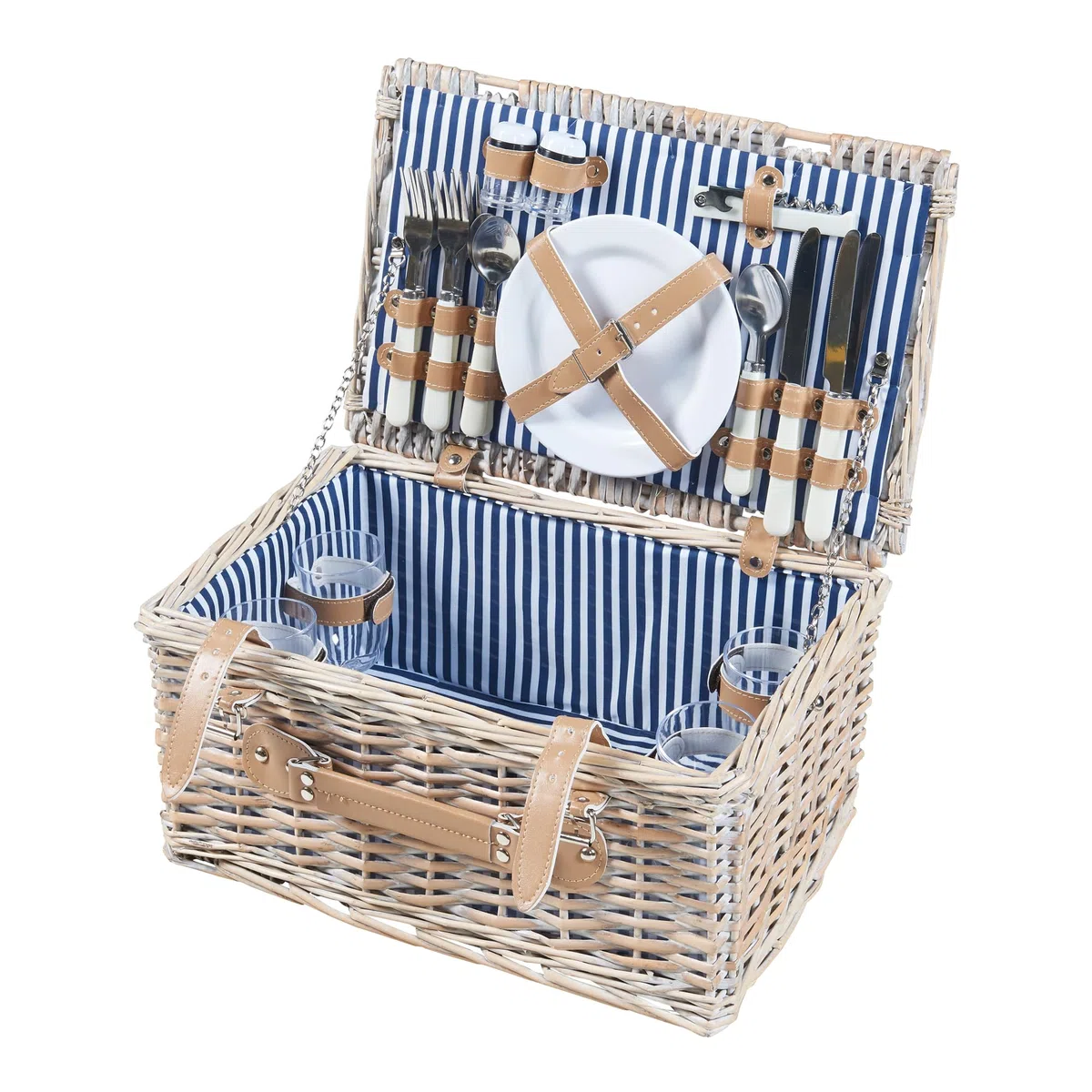 casa.pro Cestino da Picnic per 4 Persone Valigia in Rami di Salice Set da Picnic Incluso Piatti Posate Bicchieri Cavatappi Tessuto a Righe Bianco/Blu 40 x 28 x 20 cm