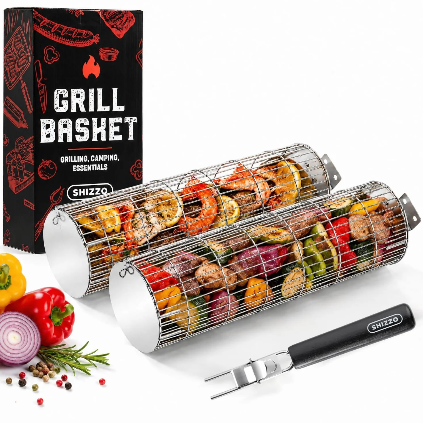 Cestino da Griglia Rotante, Nuovo Design di Apertura, Cestino da Griglia Extra Robusto a Cilindro, Acciaio Inox di Qualità Alimentare, Grande Accessorio Portatile per Campeggio all'aperto, Griglia per