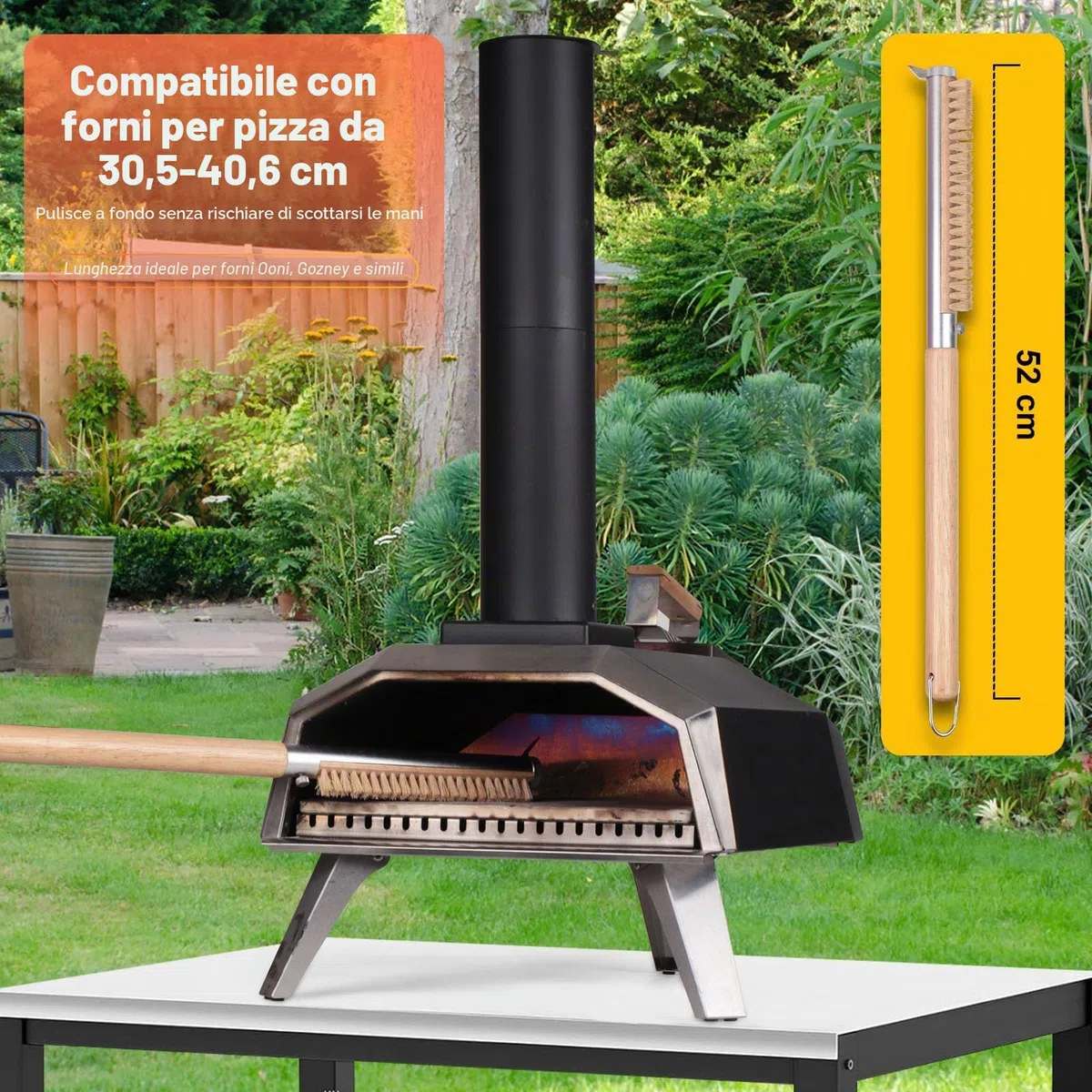 Spazzola da forno per pizza con raschietto, 52 cm, setole naturali per la pulizia delle pietre per pizza, manico in legno