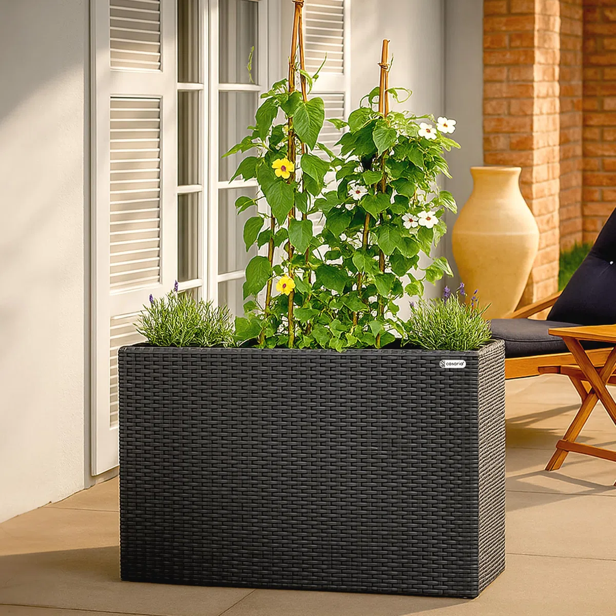 Casaria Fioriera Rettangolare 95x27x60 cm con 4 Vasi Interni in Polyrattan con Sistema di Drenaggio Fioriere Porta Vaso da Fiori Piante Divisorio Giardino Balcone Terrazza Nero