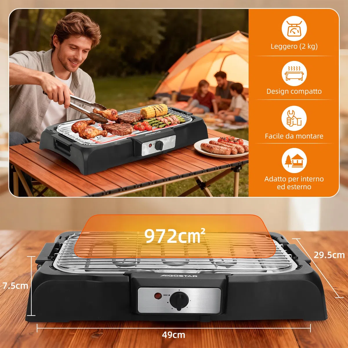Aigostar Griglia Barbecue Elettrica da Tavolo, Griglia per Feste, Termostato Regolabile, Cottura Lenta e Rapida, Potenza 2000 W, Nero