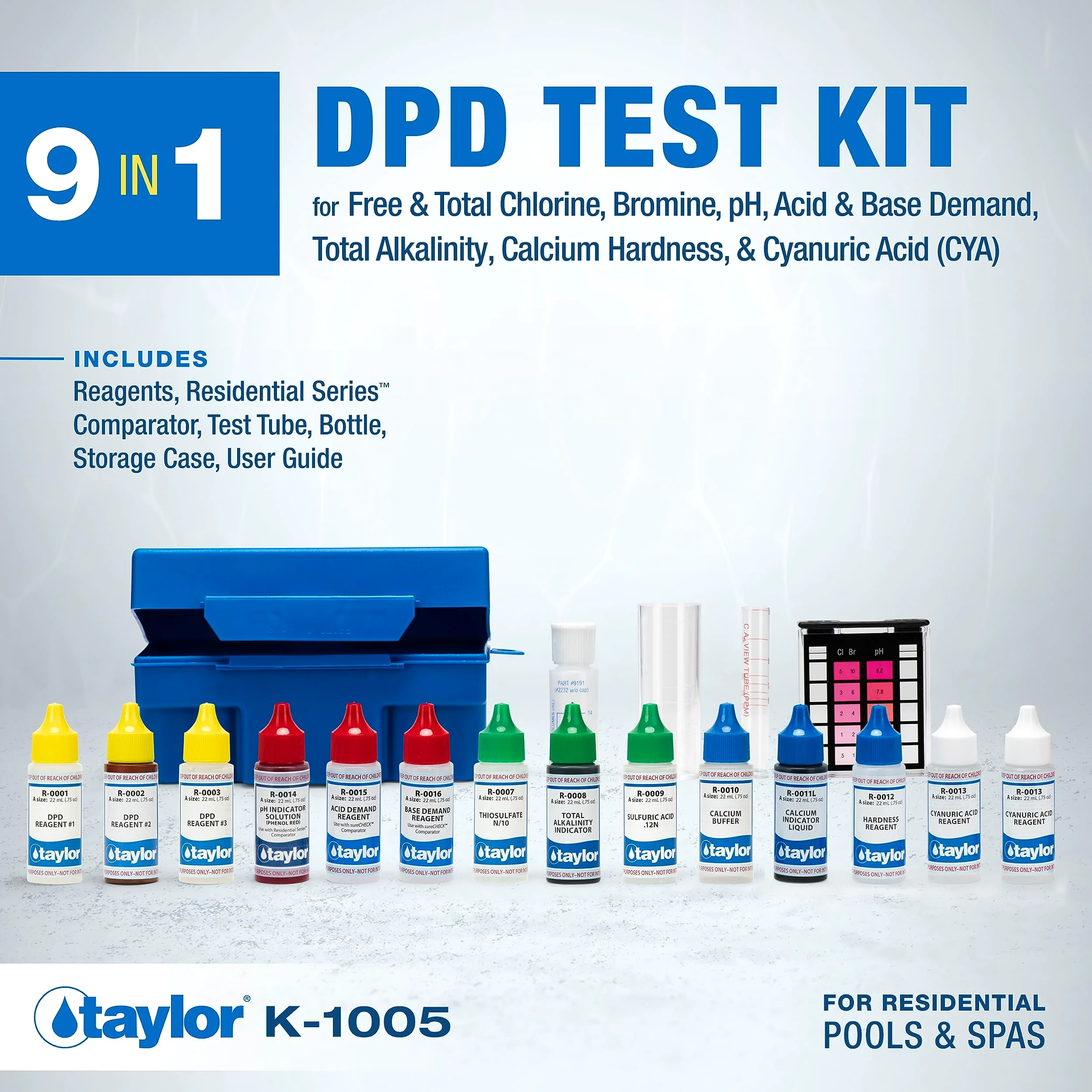 Taylor K-1005 DPD, kit per test piscina 9 in 1 per cloro libero e totale, bromo, pH, domanda di base, alcalinità, durezza del calcio, acido cianurico | Prodotto negli Stati Uniti, 1 pezzo
