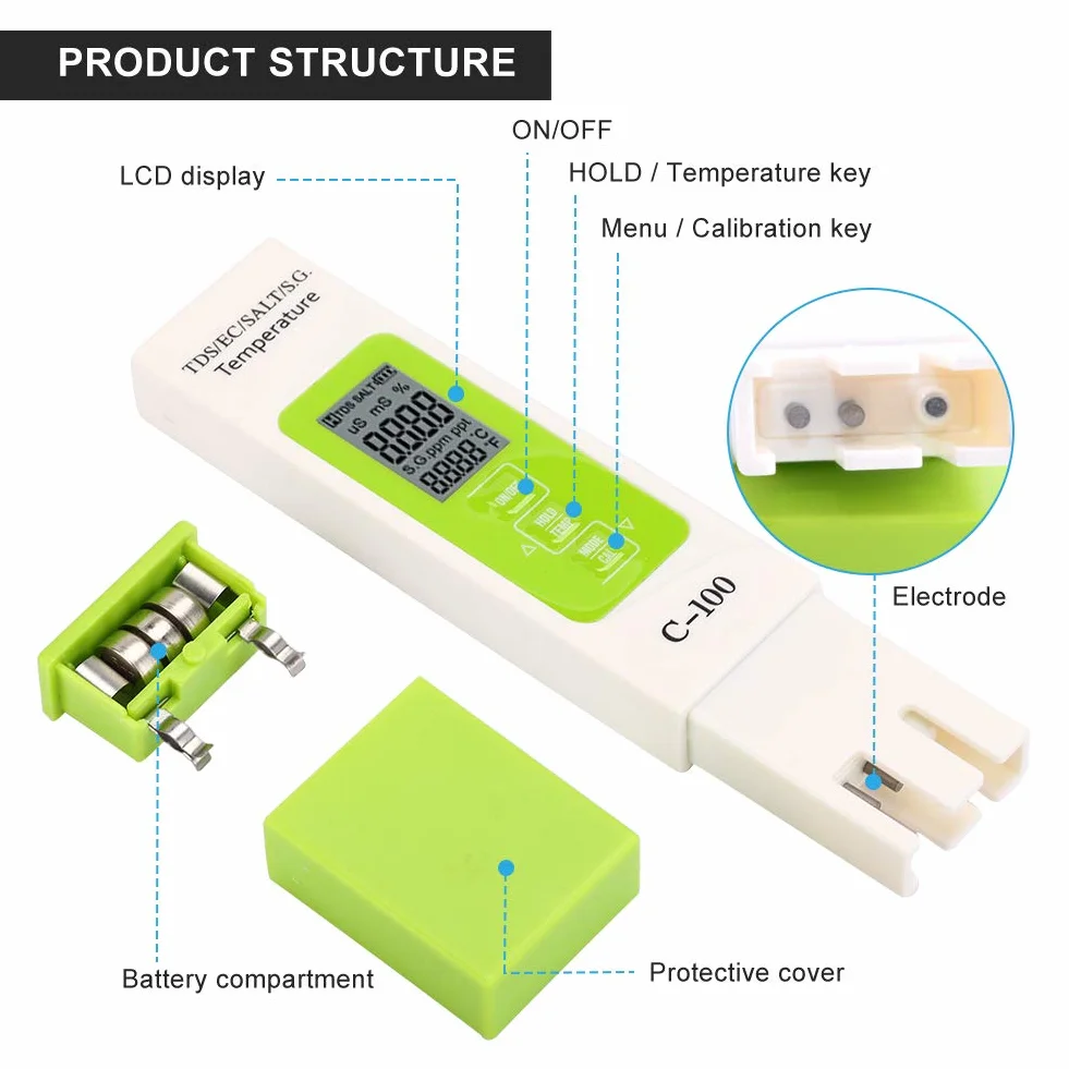 Tester di Salinità TDS EC, Tester di Qualità Dell'acqua C-100 5 in 1, Misuratore di Temperatura, Penna di Test per Rilevatore di Qualità Dell'acqua, Tester Multifunzione per Acqua di Mare con Retroill