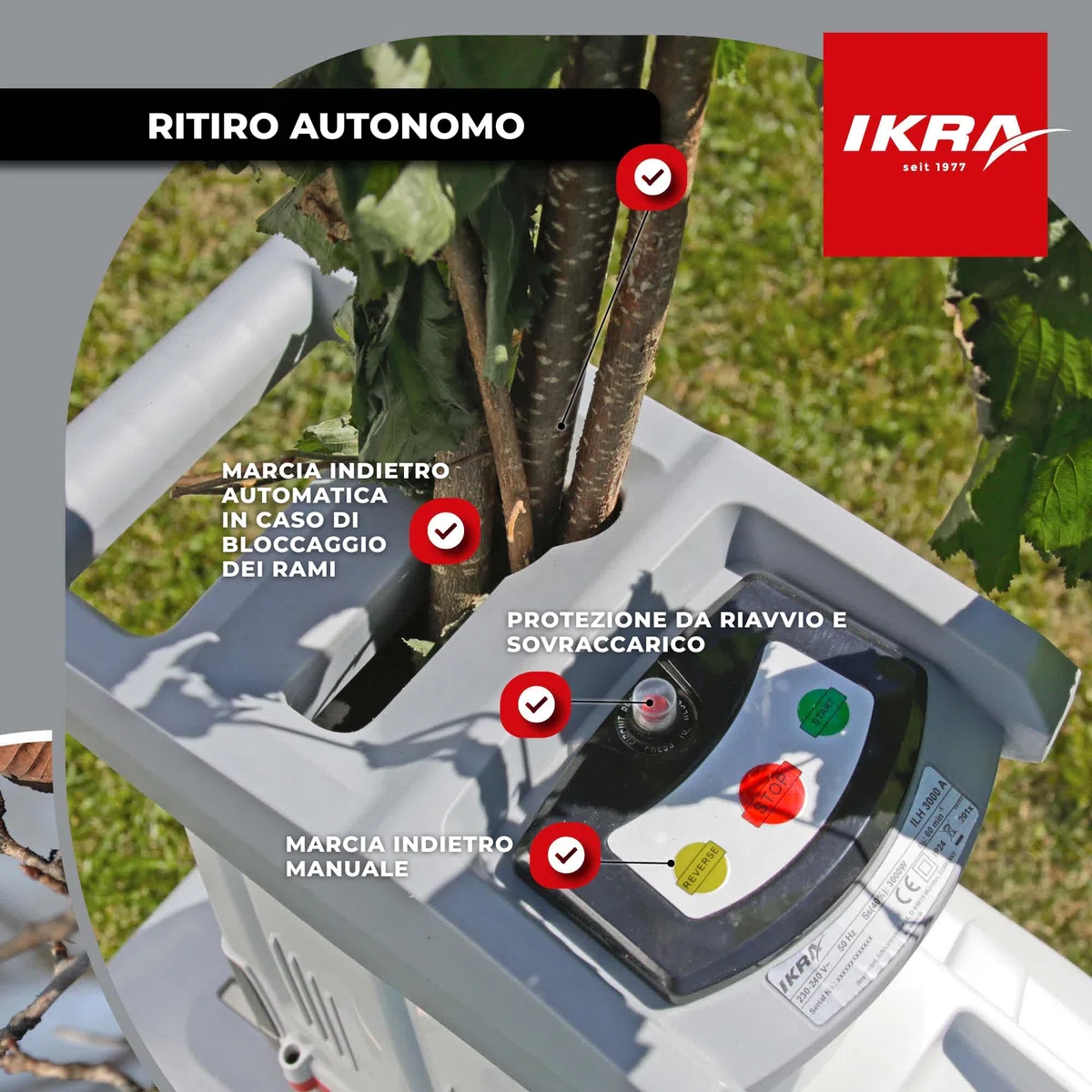 IKRA trituratore elettrico ILH 3000A, con forbici e occhiali di protezione | Motore ad alte prestazioni, silenzioso e robusto, 3000W, alimentazione automatica dei rami Ø 44 mm, retromarcia