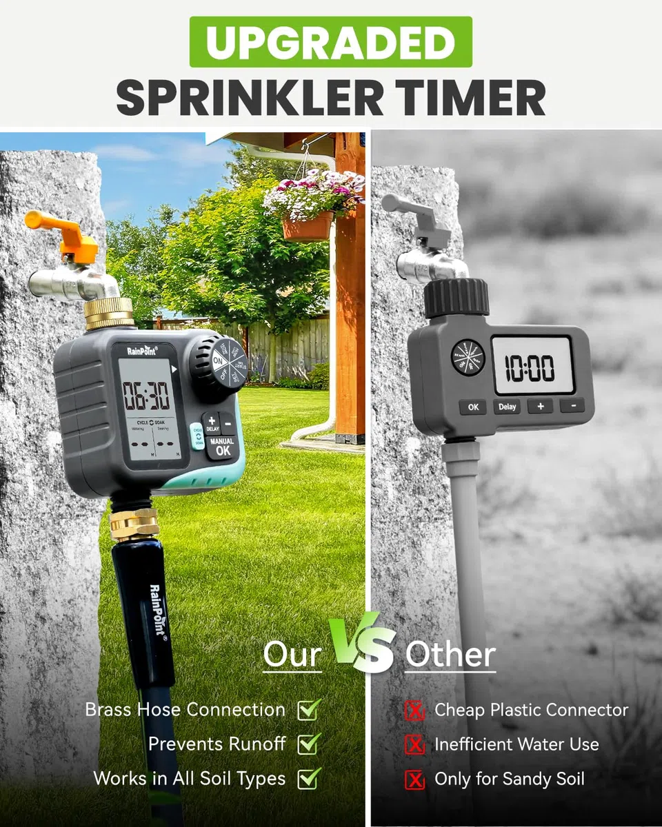 RAINPOINT Timer irrigatore per tubo da giardino, timer con ciclo e ammollo/ritardo pioggia/irrigazione automatica/irrigazione manuale, sistema di irrigazione programmabile con ampio display per prato
