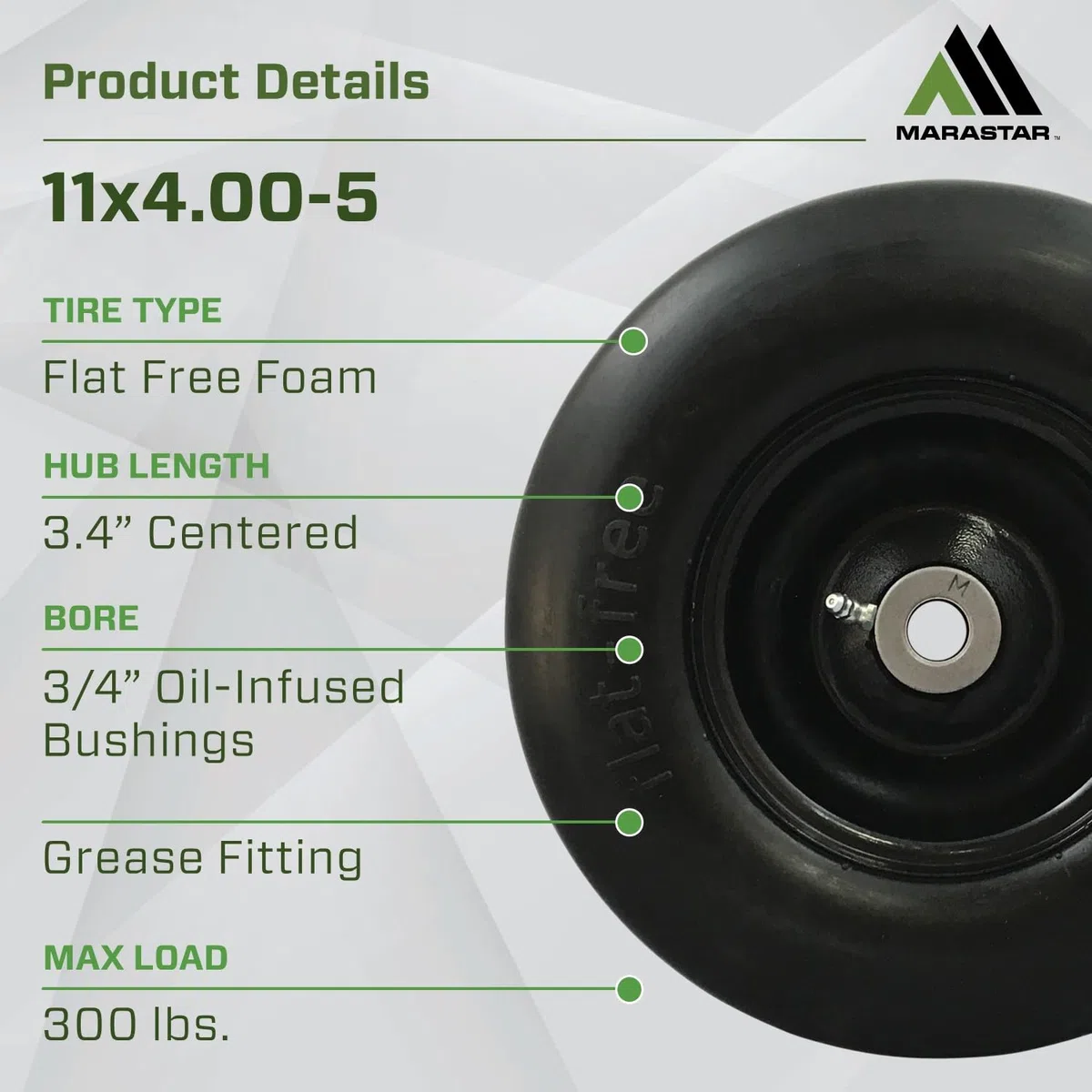 MARASTAR 00232 - Pneumatici e montaggio ruota - Misura universale - Flat-Free - 11 x 4.00-5 - Pneumatici di ricambio per tosaerba Zero Turn - Superficie liscia - Kit adattatore incluso
