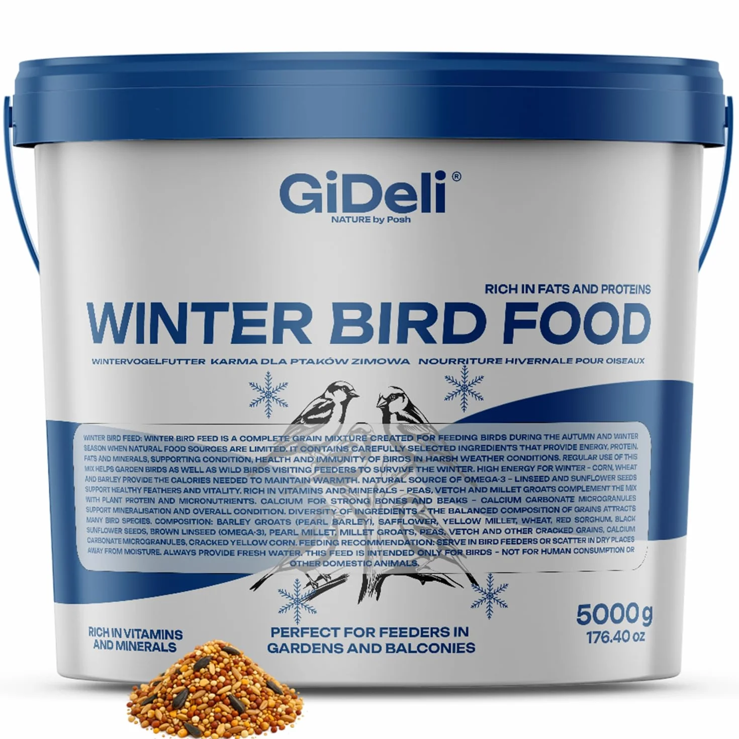 GiDeli Mangime invernale per uccelli da 5 kg in secchio – Mangime per uccelli selvatici tutto l'anno – Cibo per cima per giardino e balcone con semi di lino ricchi di omega-3, calcio – senza additivi