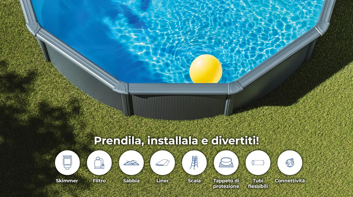 Piscina Gre KITPR458GF Granada. - Piscina fuori terra in acciaio, rotonda con aspetto in acciaio grafite. Piscina scomponibile per Giardino. 460 x 132 cm