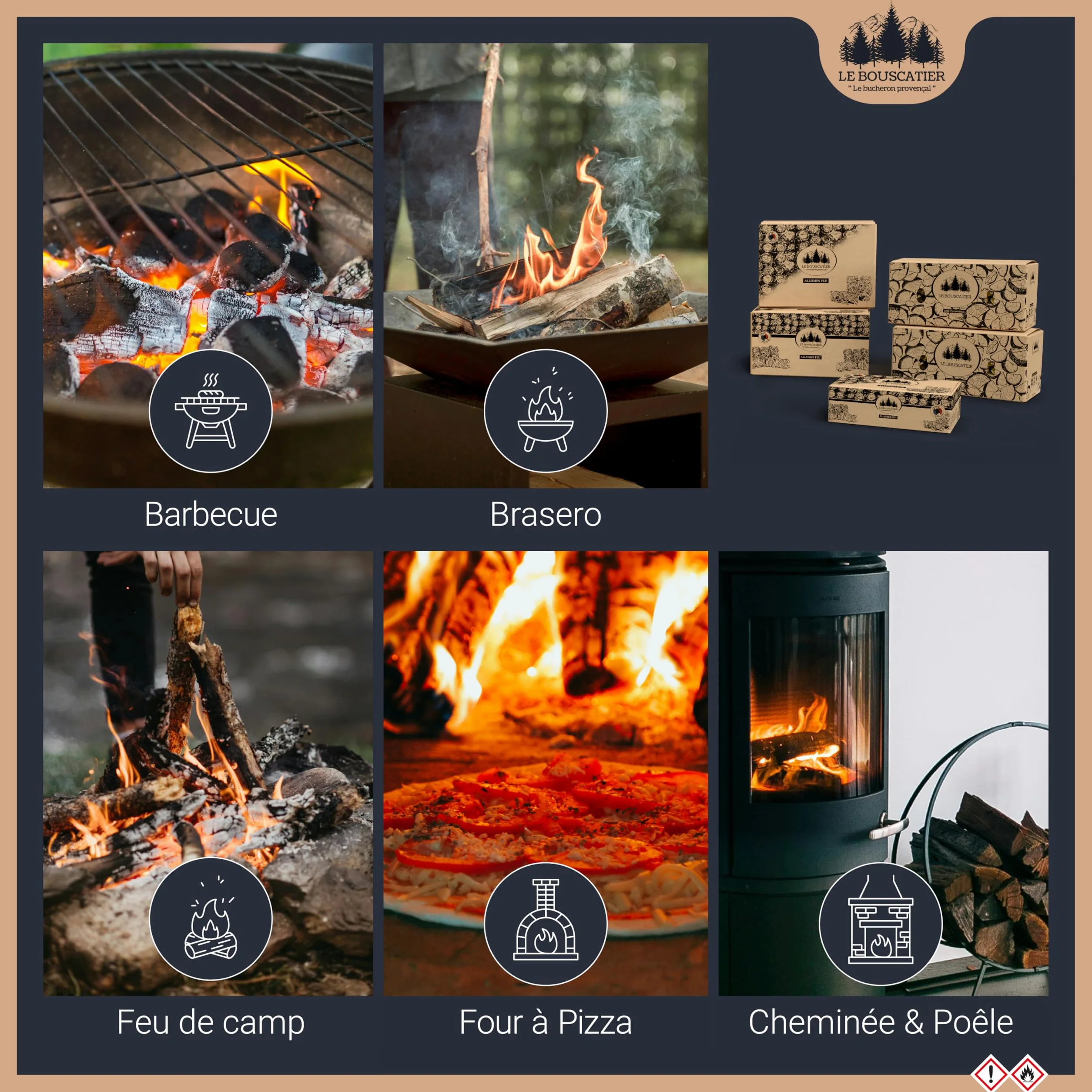 Le Bouscatier Accendifuoco in lana di legno e cera naturale Camino stufa forno pizza fornello Barbecue braciere 160 a 170 accendifuoco di grande calibro fiammifero Gratis