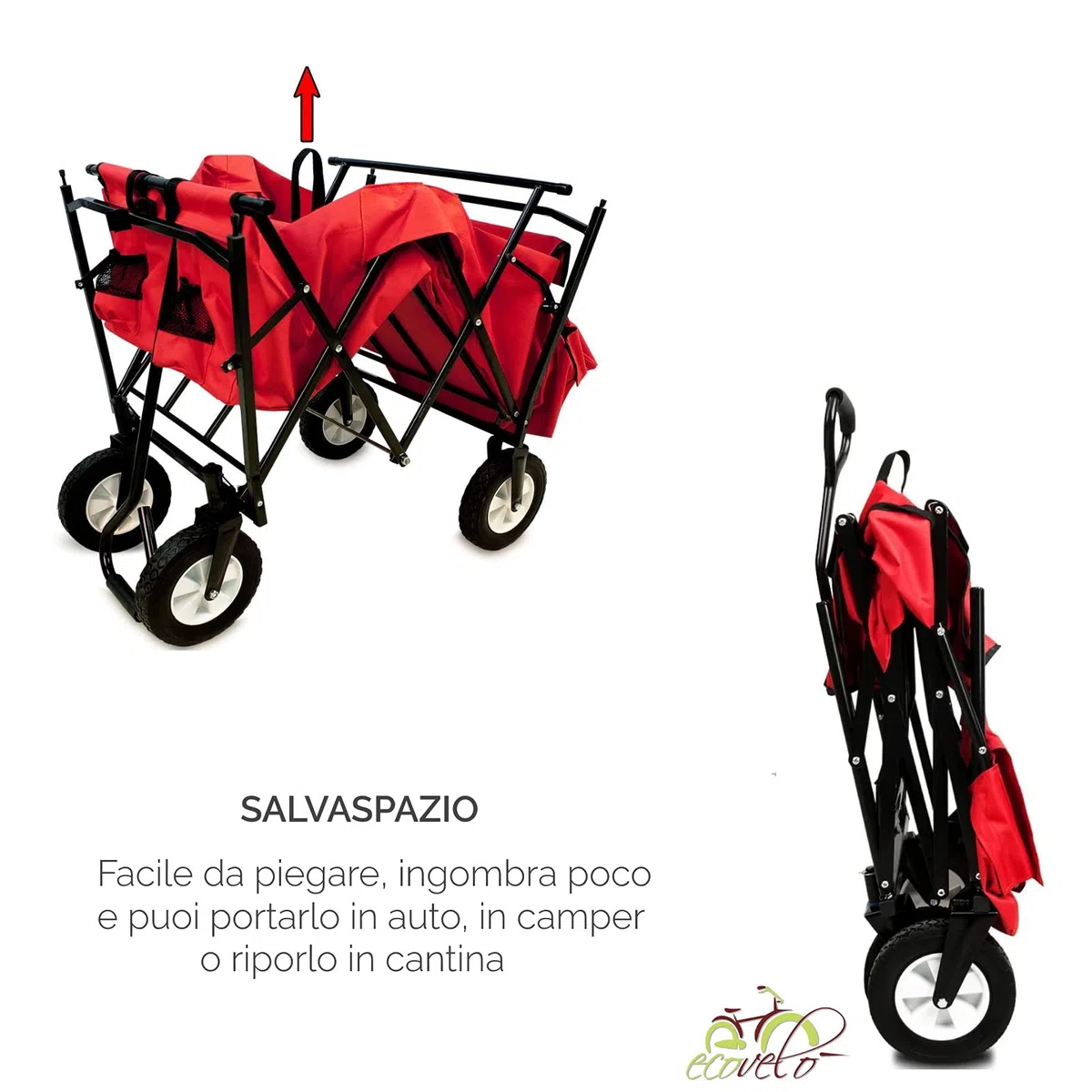 ECOVELO' CARRELLO A MANO PIEGHEVOLE DA SPIAGGIA MAX 80KG CON TETTUCCIO CARRETTO DA GIARDINO RICHIUDIBILE PER CAMPEGGIO