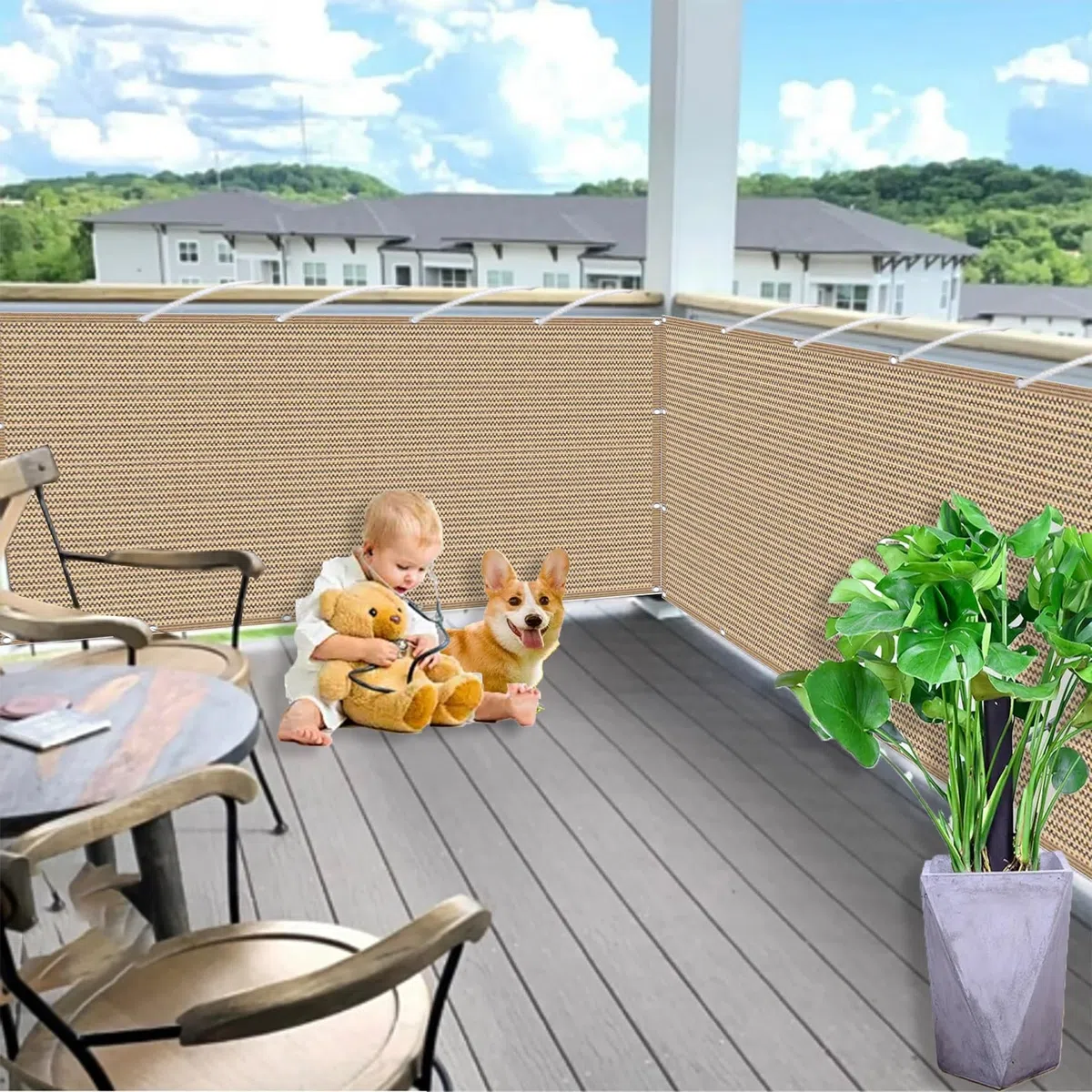Telo Copri Ringhiera Balcone 95 x 500 cm Protezione Della Privacy, Frangivento, Anti-Uv, Agenti Atmosferici Telo Ombreggiante Recinzioni con Corde Fascette per Patio, Giallo sabbia