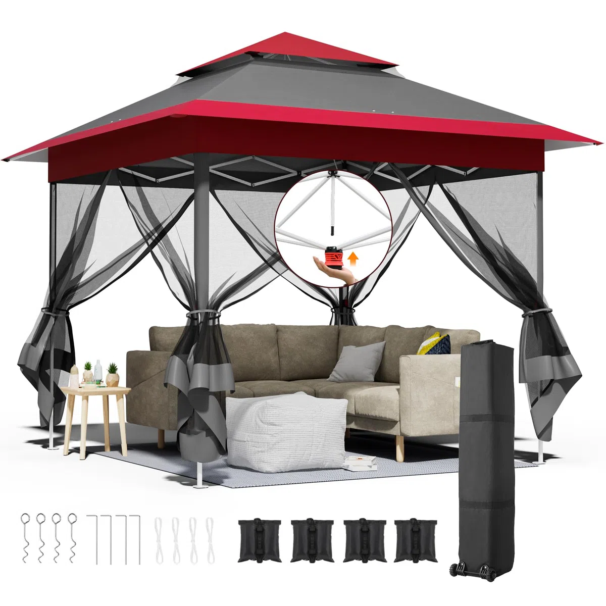 Gazebo pieghevole 3,3x3,3 m, con 4 pannelli laterali in zanzariera, One Push tenda con doppio tetto, Gazebo impermeabile da giardino 4 PCS sacchi di sabbia, per mercato/campeggio, Rosso Grigio