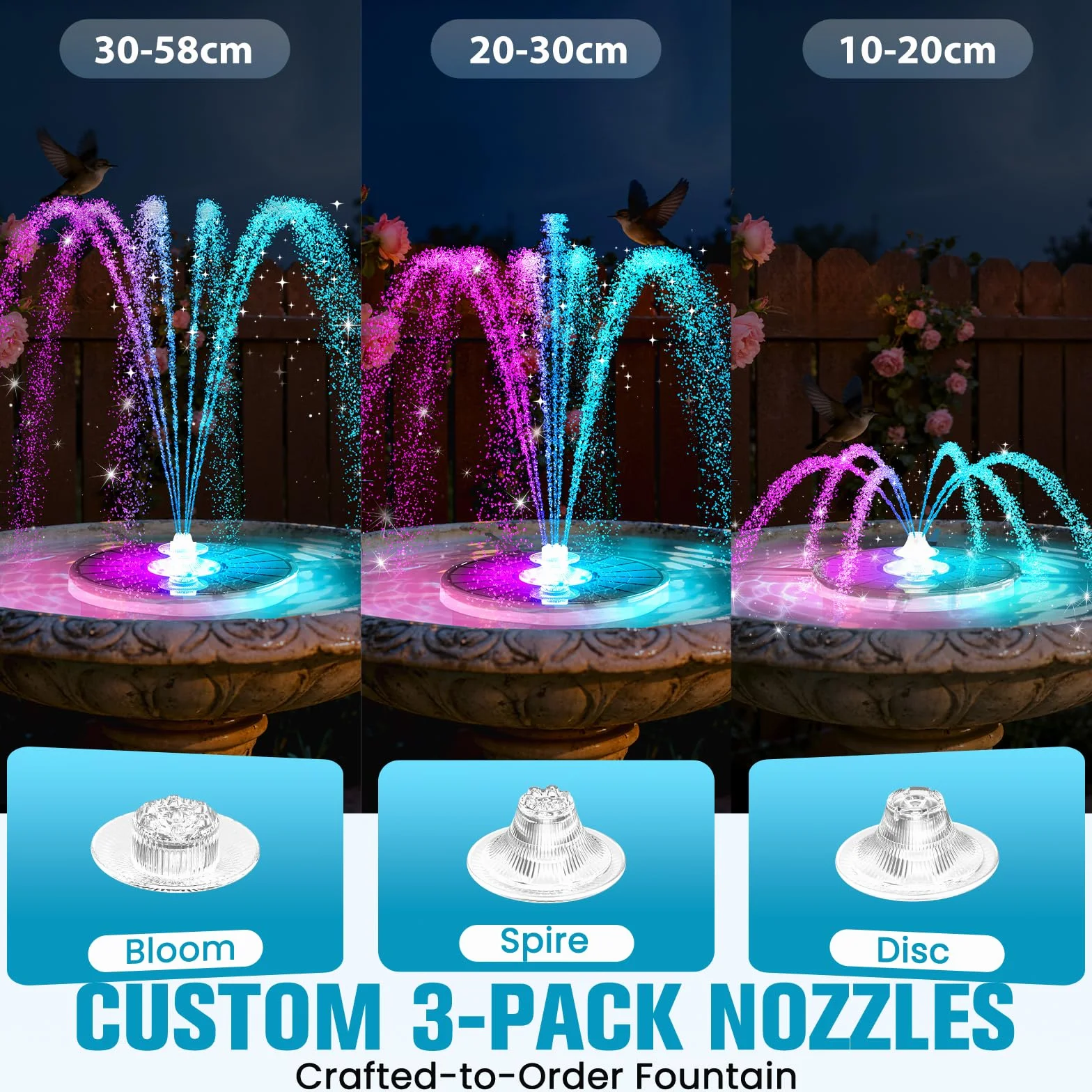 Luxfero 2026 Fontana Solare per Esterno,4000mAh Pompa Solare per Fontana da Giardino con 3 Ugelli,Fontana da Giardino Esterno con LED Luminosi,Fontana Solare per Laghetto Adatto per Giardini,Piscina