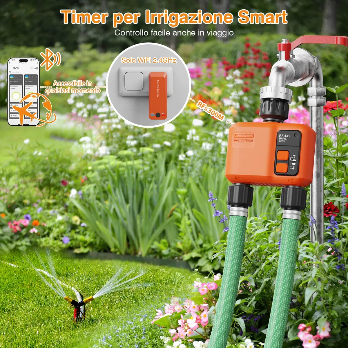Centralina Irrigazione WiFi 2 uscite con Tecnologia RF 300M, Timer Irrigazione Smart Compatibile con APP e Vocale Alexa, Computer Irrigazione, Temporizzatore Irrigazione Ritardo Della Pioggia