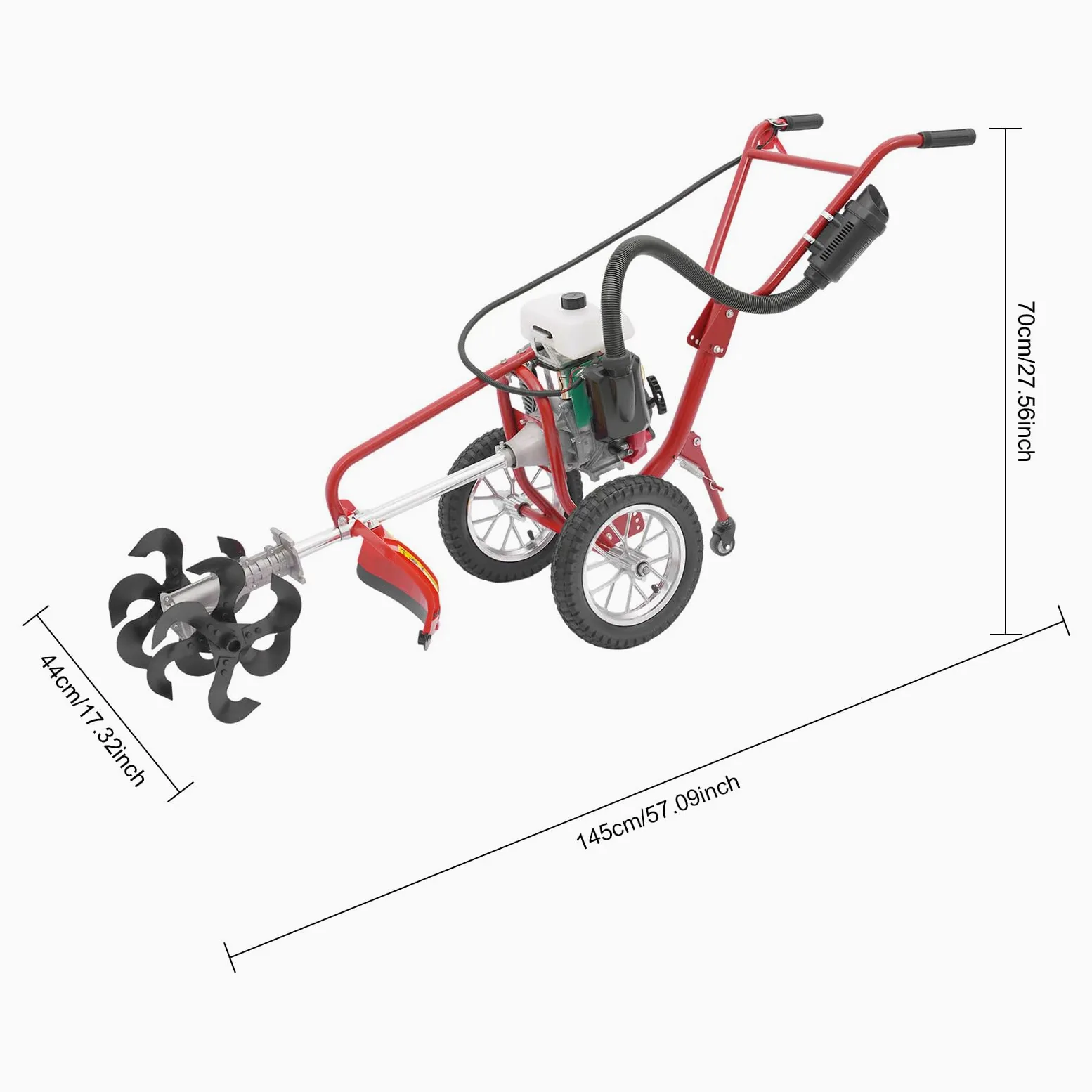Motozappa a benzina 63 cc, 4 tempi, 4 CV, motozappa da giardino, coltivatore, fresa per terreno, con ruote, motozappa per la lavorazione del suolo, profondità di coltivazione di 10 cm, avviamento a