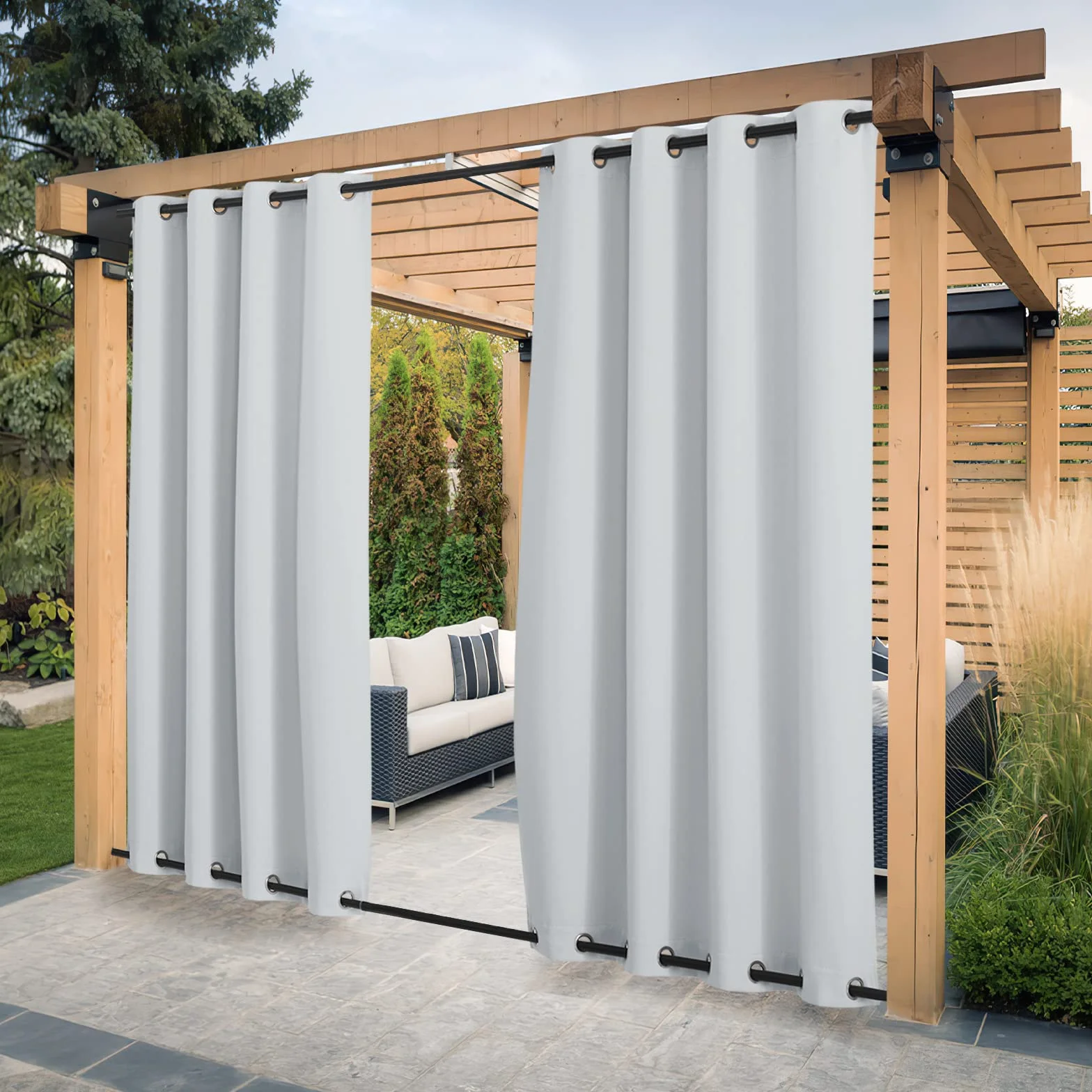 PONY DANCE Tende da Esterno Impermeabile Tende da Sole per Balconi e Gazebo con Anelli (Superiore & Inferiore) Anti-UV Blackout Curtains 2 Pezzi L132 x A243 CM, Bianche Grigio