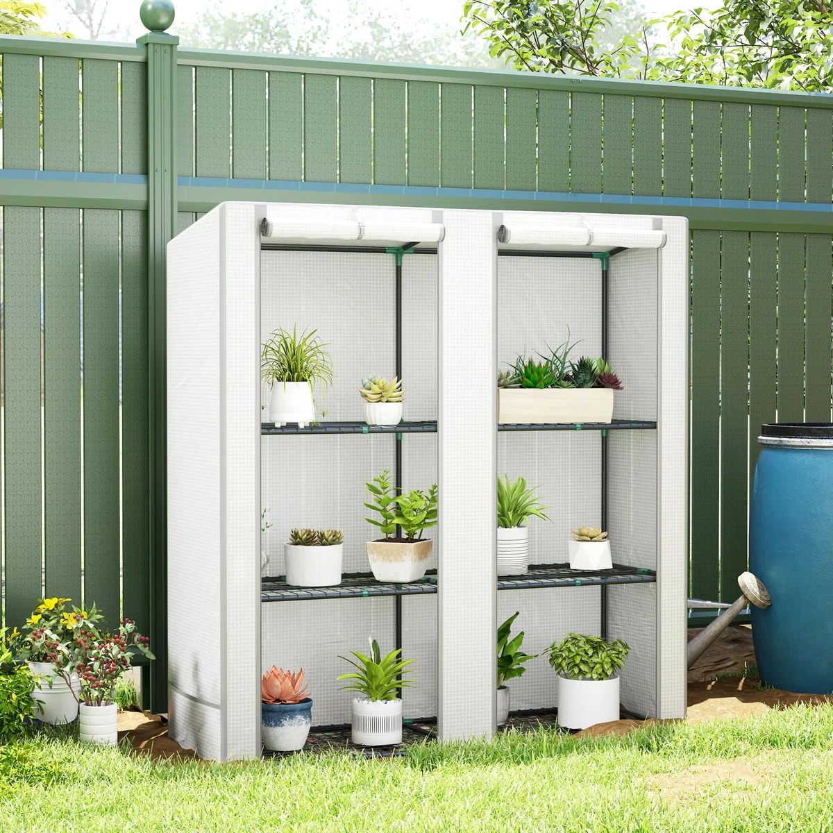 Outsunny Serra da Giardino con 2 Porte Avvolgibili, Scaffale a 3 Ripiani e Tasche Laterali, Serra per Orto, Struttura Acciaio e Copertura PE, per Piante Verdure Fiori Frutta, Anti UV, Bianco e Grigio