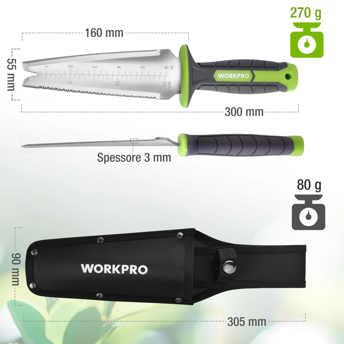 WORKPRO Paletta da Giardino con Custodia in Oxford, Lama in Acciaio Inossidabile Seghettata, Coltello da Giardino per Estirpazione, Piantagione e Scavatura