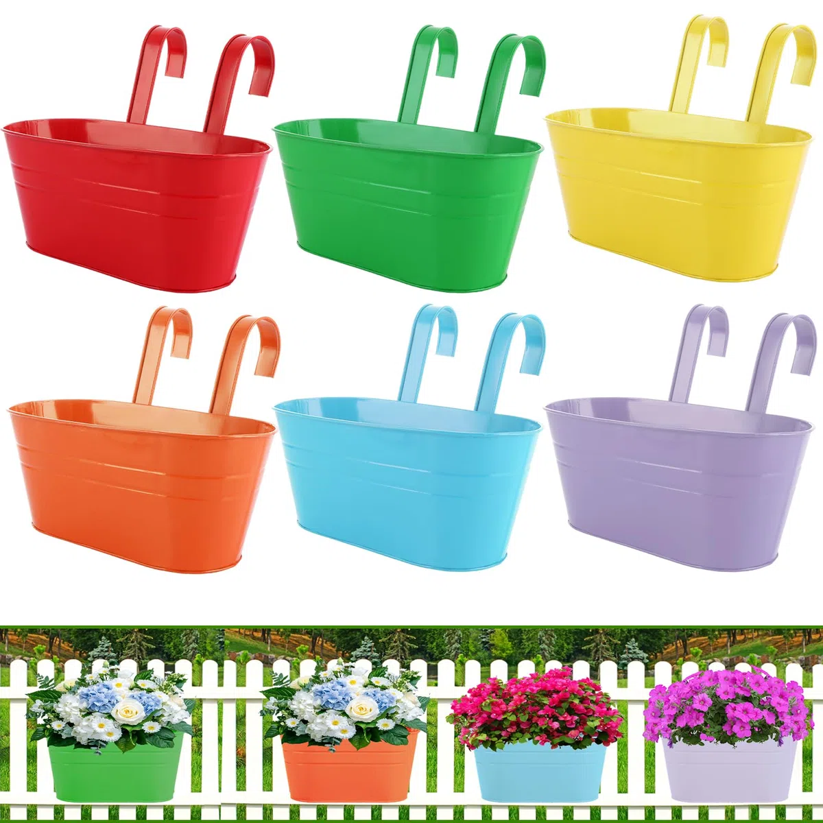 APACALI 6 vasi da fiori in metallo, da appendere, 28 cm, da appendere, con gancio rimovibile, per balcone, recinzione, giardino, 6 colori