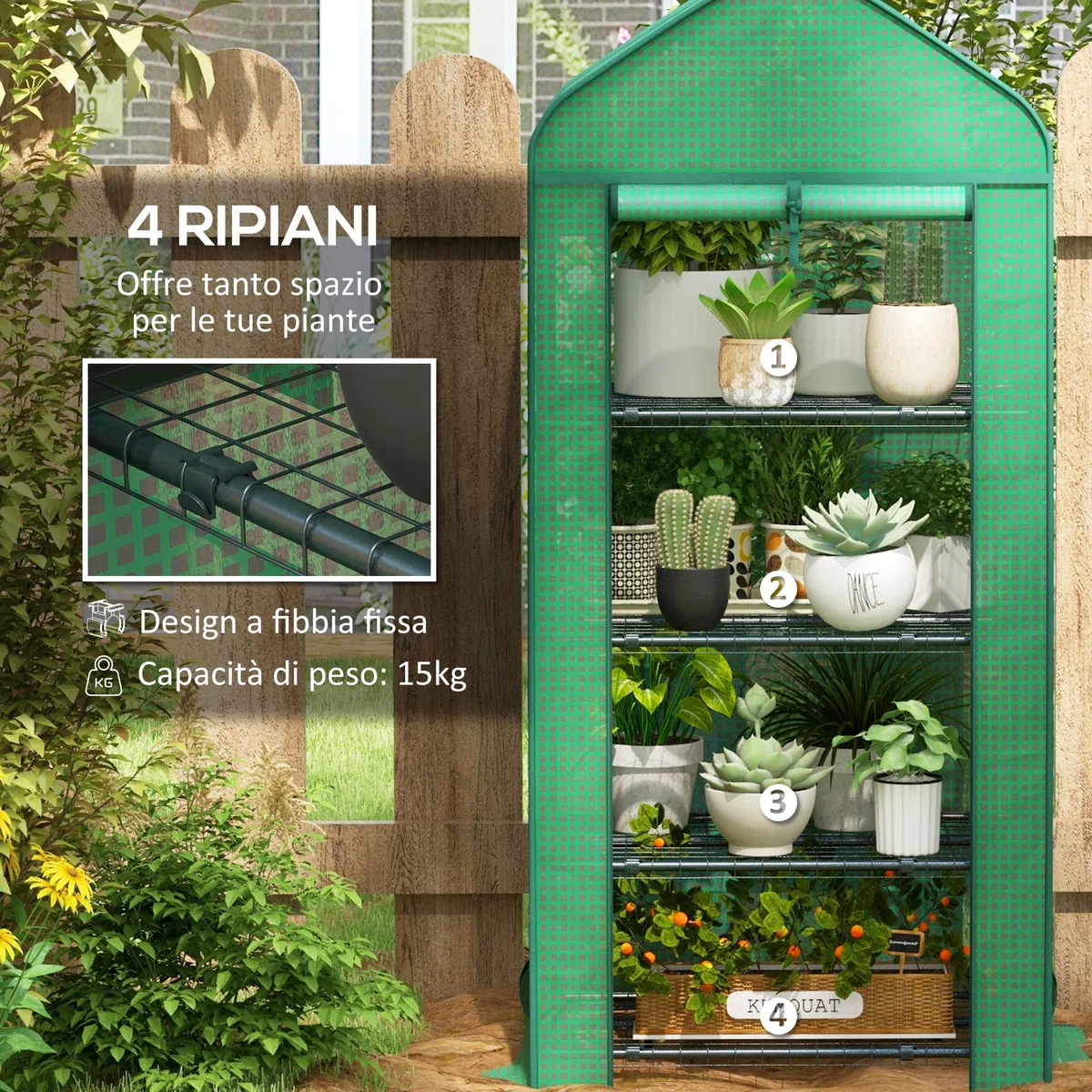 Outsunny Serra per Piante a 4 Ripiani con Porta Avvolgibile, Piccola Serra in Metallo e PE, 69x49x158 cm, Verde scuro