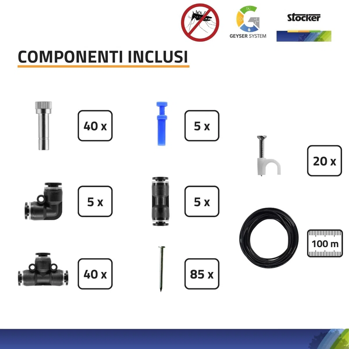 STOCKER - Geyser Nebulizzatore 25 L MI 21 V - Kit Completo Anti-Zanzare con Batteria Li-Ion 21V, Serbatoio 25L e 100 m di Tubo - Copertura fino a 400 mq - Sistema di Miscelazione Interna