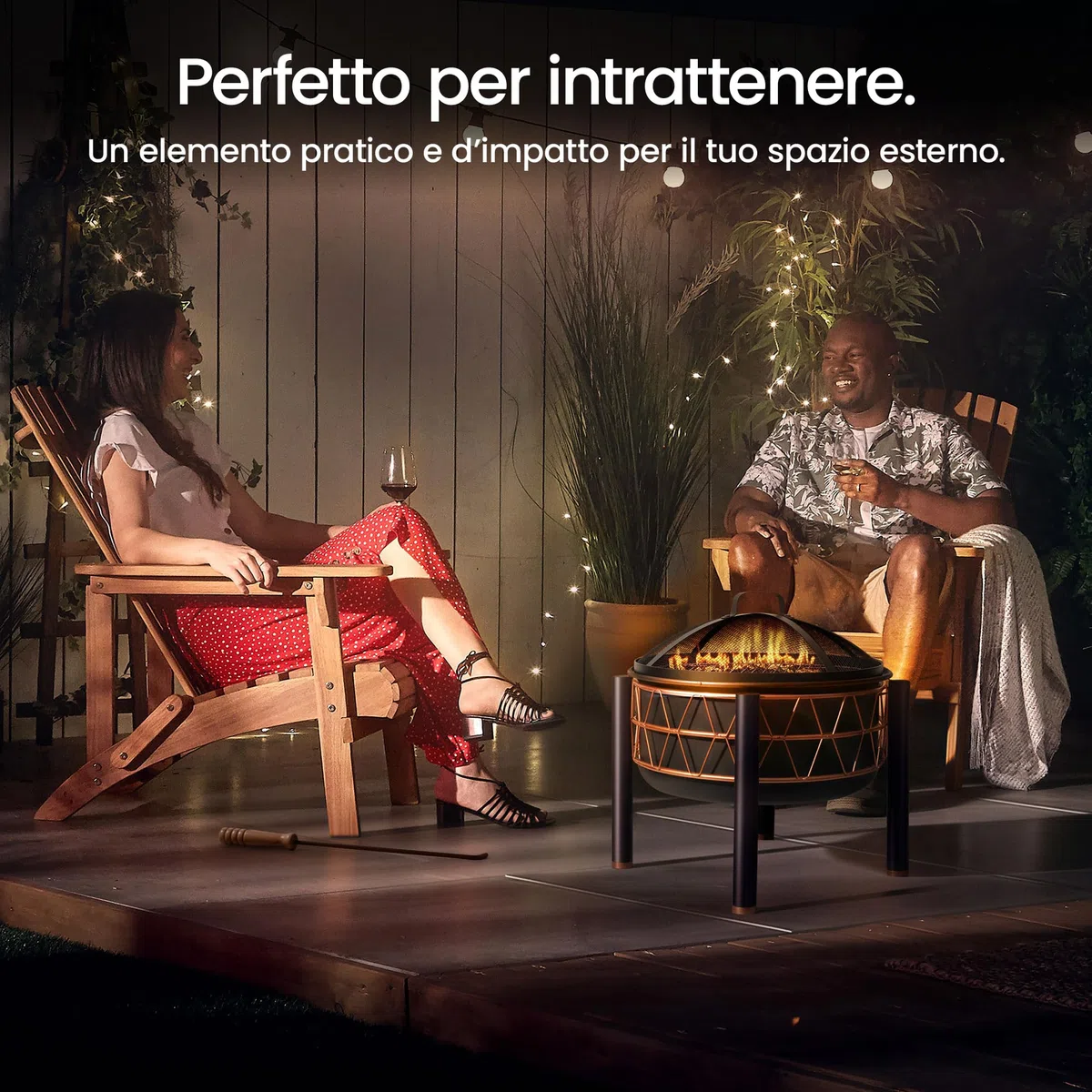 VonHaus Braciere – 2-in-1 con Griglia BBQ per esterni, giardino e patio, in acciaio nero con dettaglio rame, con attizzatoio e coperchio in rete inclusi, legna o carbone